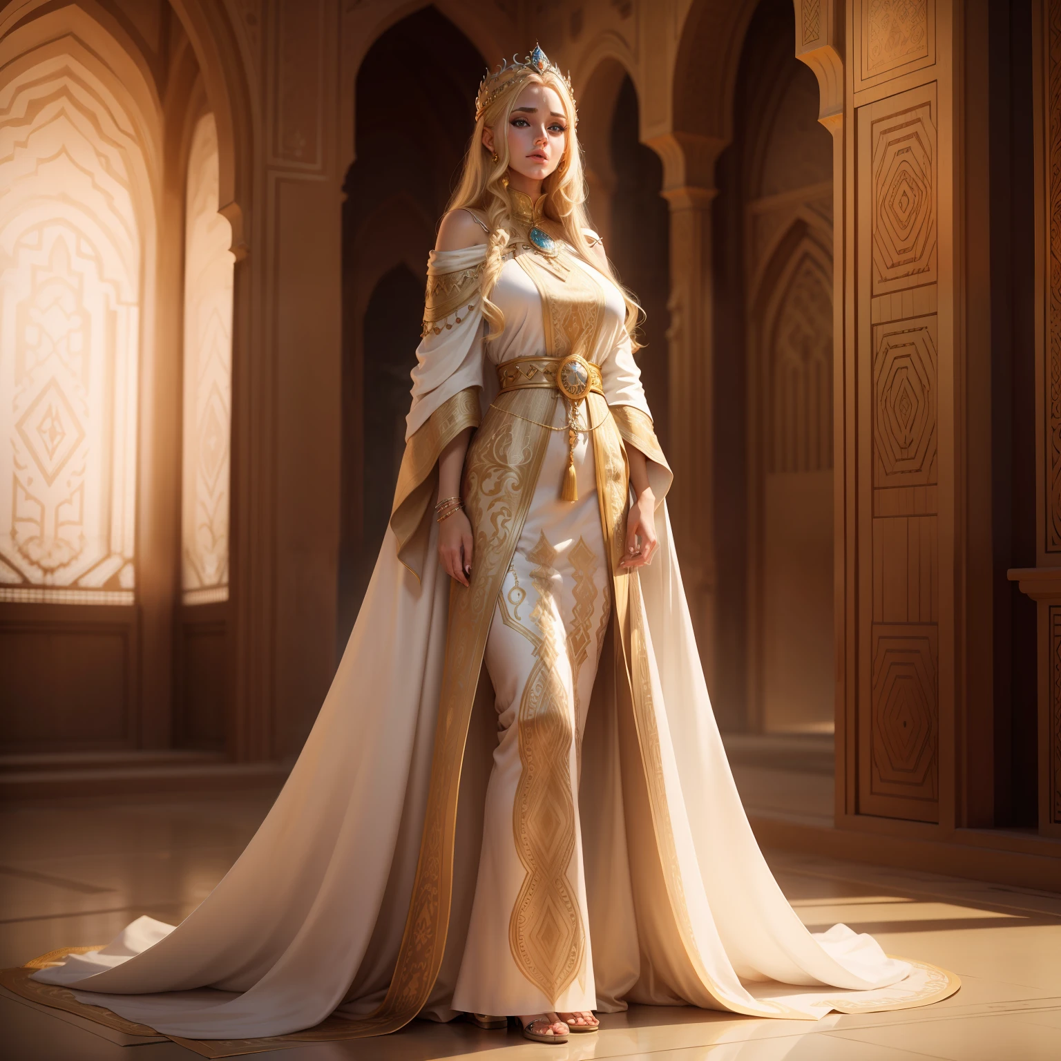 Very beautiful princess with bright eyes blond hair with long Moroccan caftan that covers her whole body respectable all her body in demon environment hyper realistic scene super detailed
