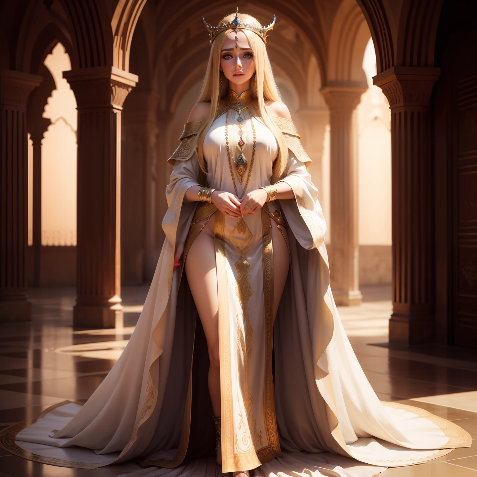Very beautiful princess with bright eyes blond hair with long Moroccan caftan that covers her whole body respectable all her body in demon environment hyper realistic scene super detailed