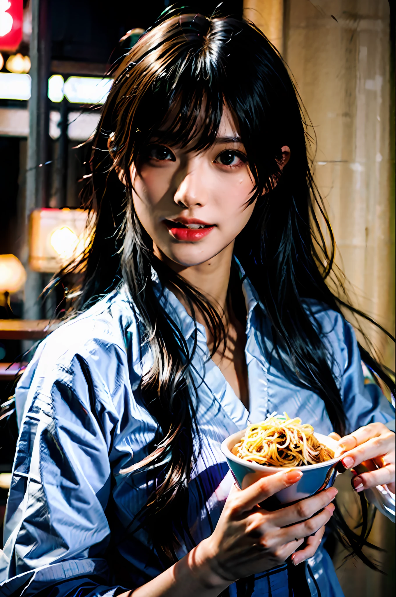 (masterpiece), best quality, ultra high res, close up, slim body, 1girl,school uniform, long hair, laughing, ramen, night, Tokyo restaurant background, colorful lights, photon mapping, radiosity, physically-based rendering, cinematic lighting, intricate, High Detail, Sharp focus, dramatic, photorealistic
