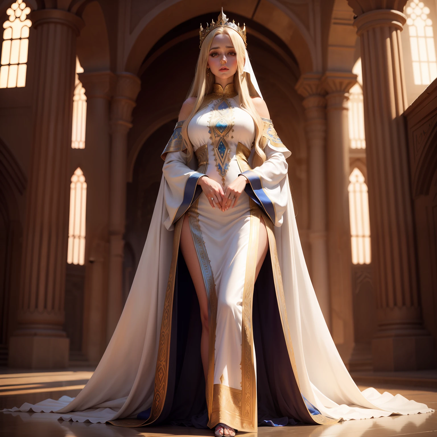 Very beautiful princess with bright eyes blond hair with long Moroccan caftan that covers her whole body respectable all her body in demon environment hyper realistic scene super detailed