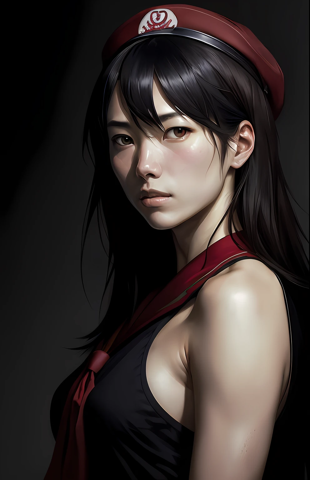 capitals asian woman with a sailor red cap,red and black color clothes anime key visual full body portrait character concept art, commander with flowing black hair beautiful brown eyes,long straight black hair, brutalist grimdark fantasy, kuudere noble dictator, trending pixiv fanbox, rule of thirds golden ratio, by greg rutkowski wlop makoto shinkai takashi takeuchi studio ghibli jamie wyeth,bw, (natural skin texture, hyperrealism, soft light, sharp)