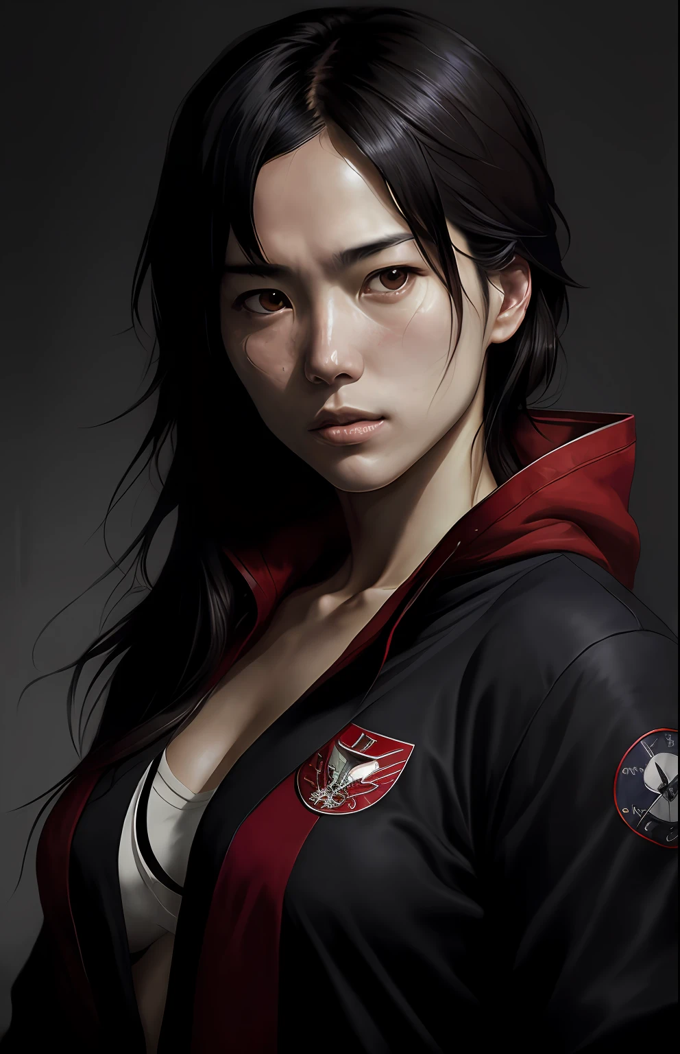 capitals asian woman with a sailor red cap,red and black color clothes anime key visual full body portrait character concept art, commander with flowing black hair beautiful brown eyes,long straight black hair, brutalist grimdark fantasy, kuudere noble dictator, trending pixiv fanbox, rule of thirds golden ratio, by greg rutkowski wlop makoto shinkai takashi takeuchi studio ghibli jamie wyeth,bw, (natural skin texture, hyperrealism, soft light, sharp)