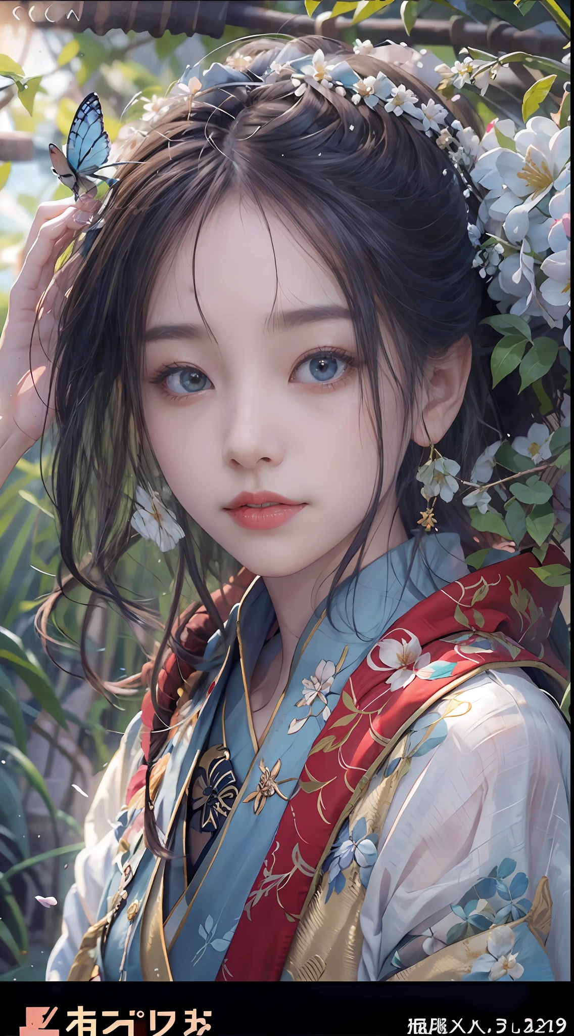 best qualtiy，tmasterpiece，超高分辨率，（Fidelity：1.4），（Ultra photo realsisim）， （A high resolution）， （8K），（in the darkness nigth：1 rapariga），tmasterpiece，professionalartwork，famousartwork，s the perfect face，beauitful face，beautidful eyes，（（Perfect female body）），Very detailed faces，4k wallpapers，Award-Awarded， ，1 rapariga，Blue Hanfu，Tulle coat，Smile Expression，cabelos preto e longos，Light blue fringed hair ornament，White ribbon，White flower bushes，Small light blue flowers，Light blue butterflies fly，sitting at a pond，Reach out and pick flowers，Red carp，Hazy mist，Courtyard background of ancient Chinese architecture，Bamboo in background，Small bamboo，Dramatic composition，Cinematic lighting effects，