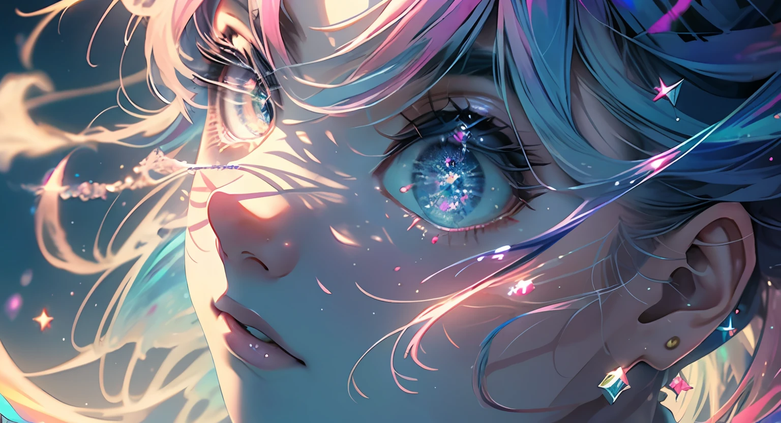 (masterpiece, top quality, best quality,watercolor )(medium),official art, beautiful and aesthetic:1.2),(1girl:1.3), (fractal art:1.3),upper body, from side, looking at viewer,patterns,(rainbow color Hair,colorful hair,half blue and half pink hair:1.2),water,liquid, cloud,colorful, starry,stars,close-up, big eyes, eyes, complex eyes, unique pupils, unusual pupils,starry sky, stars in the background, shining halo,((ultra detail retina:1.5)),embarassed, (midriff),((ultra detail eyes:1.5)),((extremely detailed CG unity 8k wallpaper,masterpiece, best quality)), ((ultra-detailed:1.2)),(best illumination, best shadow, an extremely delicate and beautiful),(extremely detailed CG unity 8k wallpaper,masterpiece, best quality, ultra-detailed),(best illumination, best shadow, an extremely delicate and beautiful),(perfect body: 1.5)