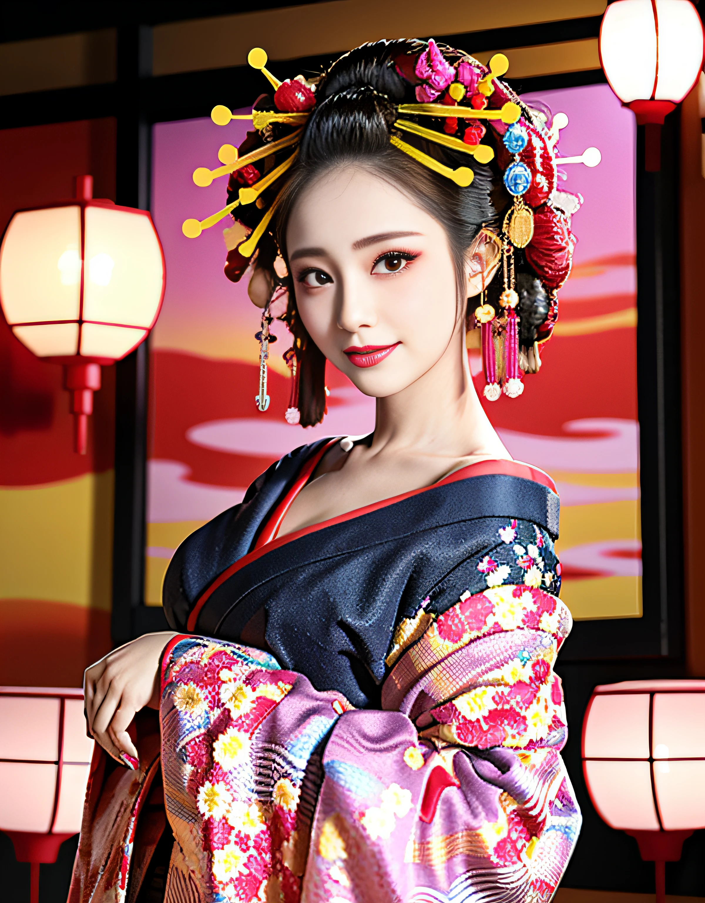 4K, Masterpiece, highres, absurdres,natural volumetric lighting and best shadows, smiling,deep depth of field,soft delicate beautiful attractive face, beautiful edgOiran_woman, a woman in a kimono posing for a picture  ,perfect edgOiran_face,perfect edgOiran_body,edgOiran_makeup,edgOiran_hairstyle