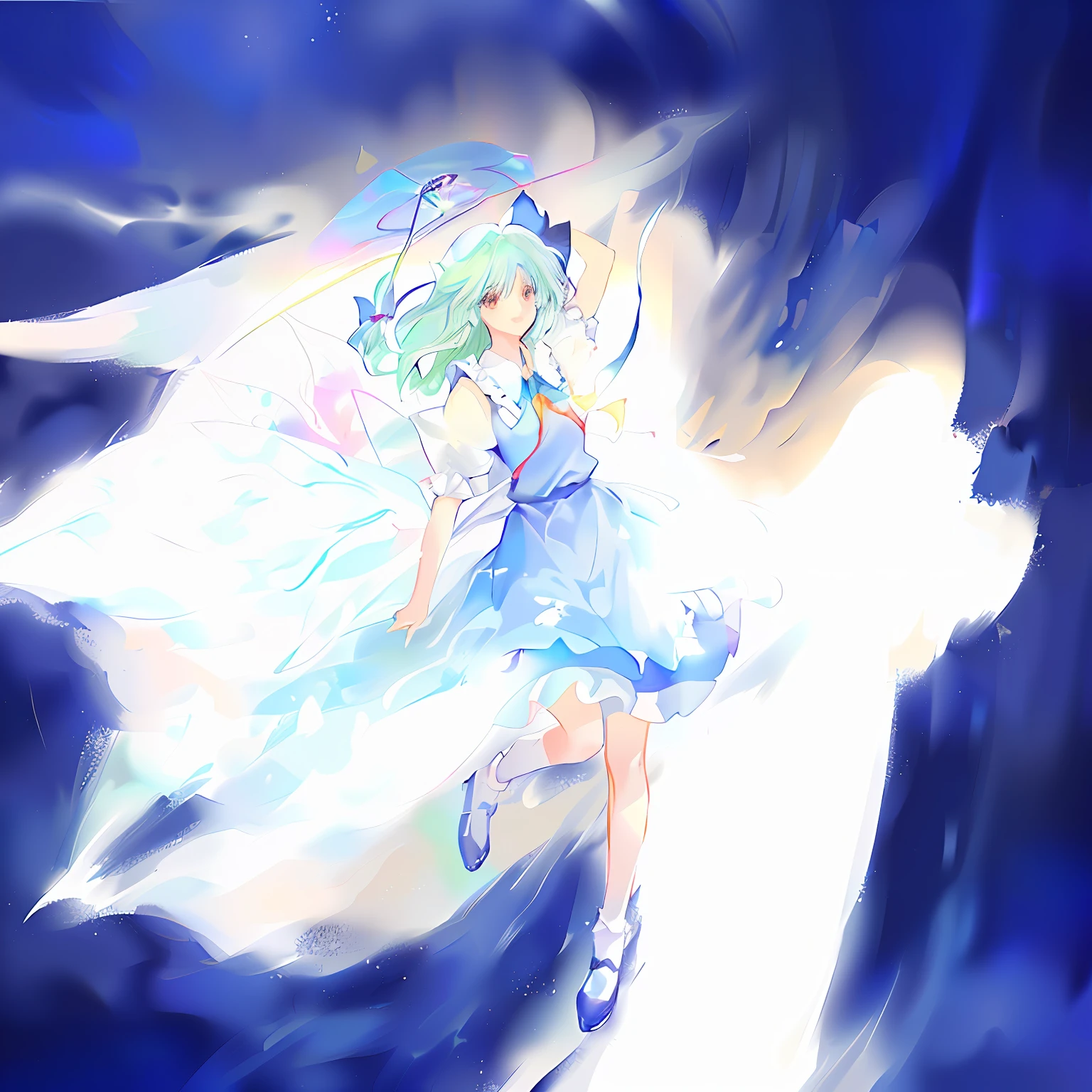 Anime girl in blue dress flying with Hakuba, cirno touhou, cirno from touhou, cirno, from touhou, touhou character, an anime portrait of cirno, Touhou, astral fairy, touhou project, sky witch, ethereal anime, zerochan art, cloud goddess, flying anime esper, macross frontier