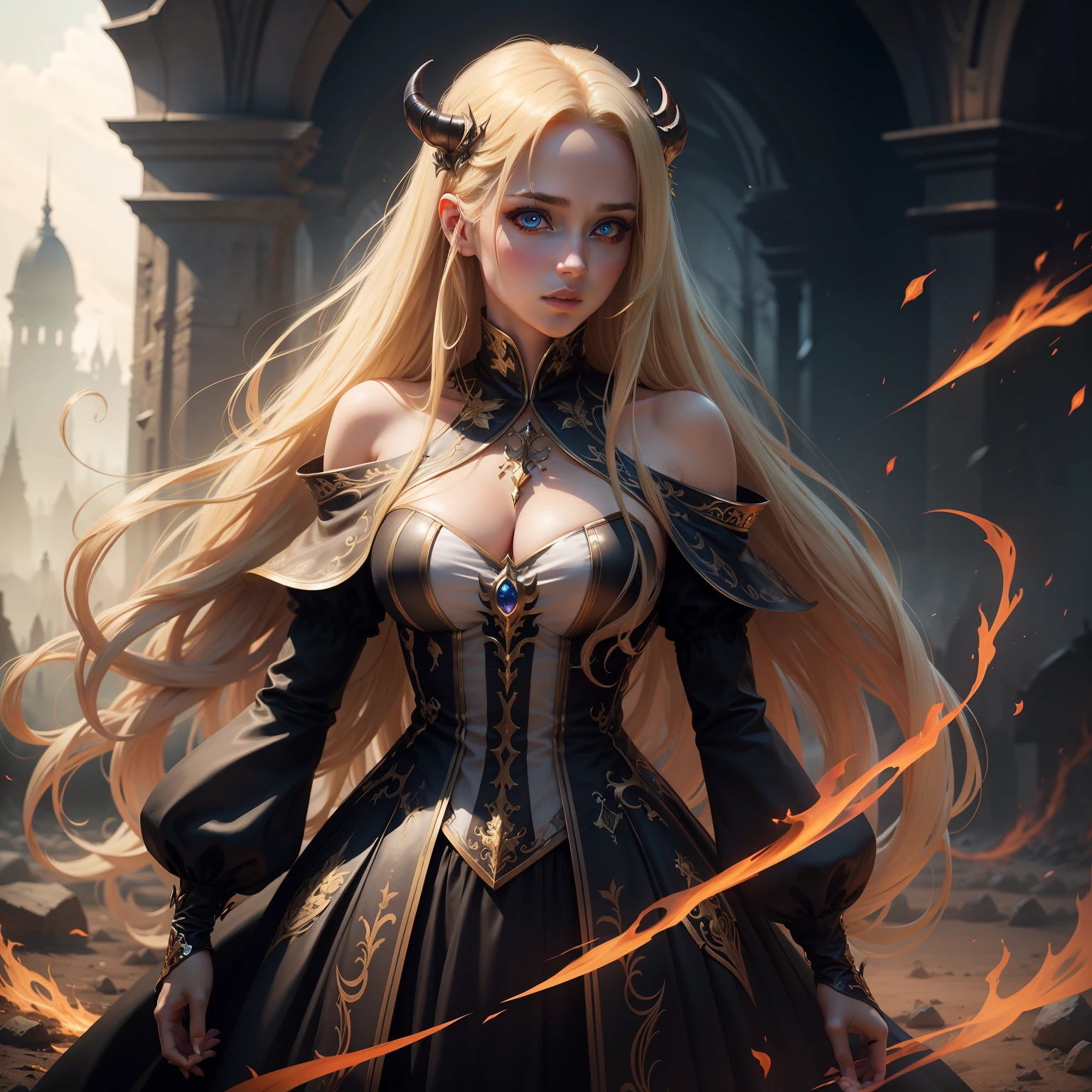 Very Beautiful princesse with glowing eyes blond hair with long outfit convers her whole body in demon environnement scene hyper realistic super detailed