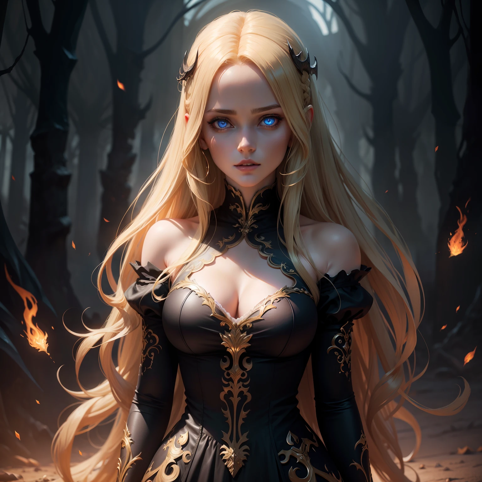 Very Beautiful princesse with glowing eyes blond hair with long outfit convers her whole body in demon environnement scene hyper realistic super detailed