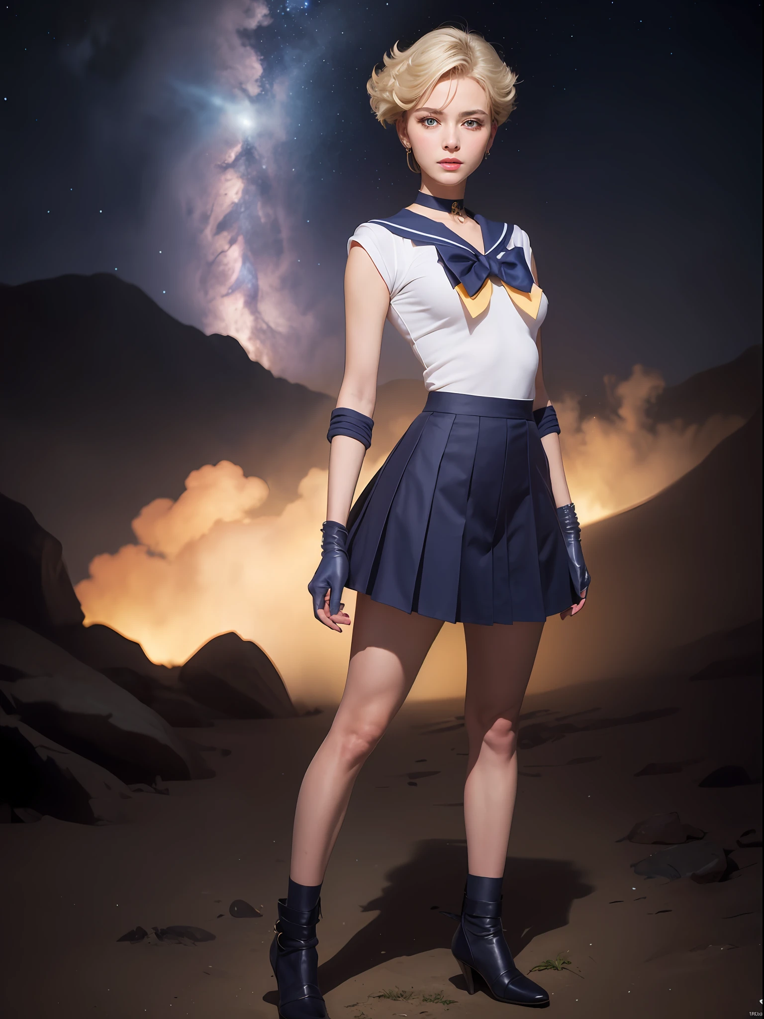 (masterpiece, best quality:1.4), (nebula background), (full body:1.5), (standing:1.5), 1girl, solo, (european youth:1), sailor uranus, mature woman, medium breasts, aqua eyes, blonde hair, (sailor senshi uniform), sailor collar, chest bow, back bow, plead skirt, white elbow gloves, beautiful face, highly detailed face, highly detailed eyes, highly detailed skin, skin pores, subsurface scattering, realistic pupils, full face blush, full lips, detailed background, depth of field, volumetric lighting, sharp focus, absurdres, realistic proportions, good anatomy, (realistic, hyperrealistic:1.4), 16k hdr,