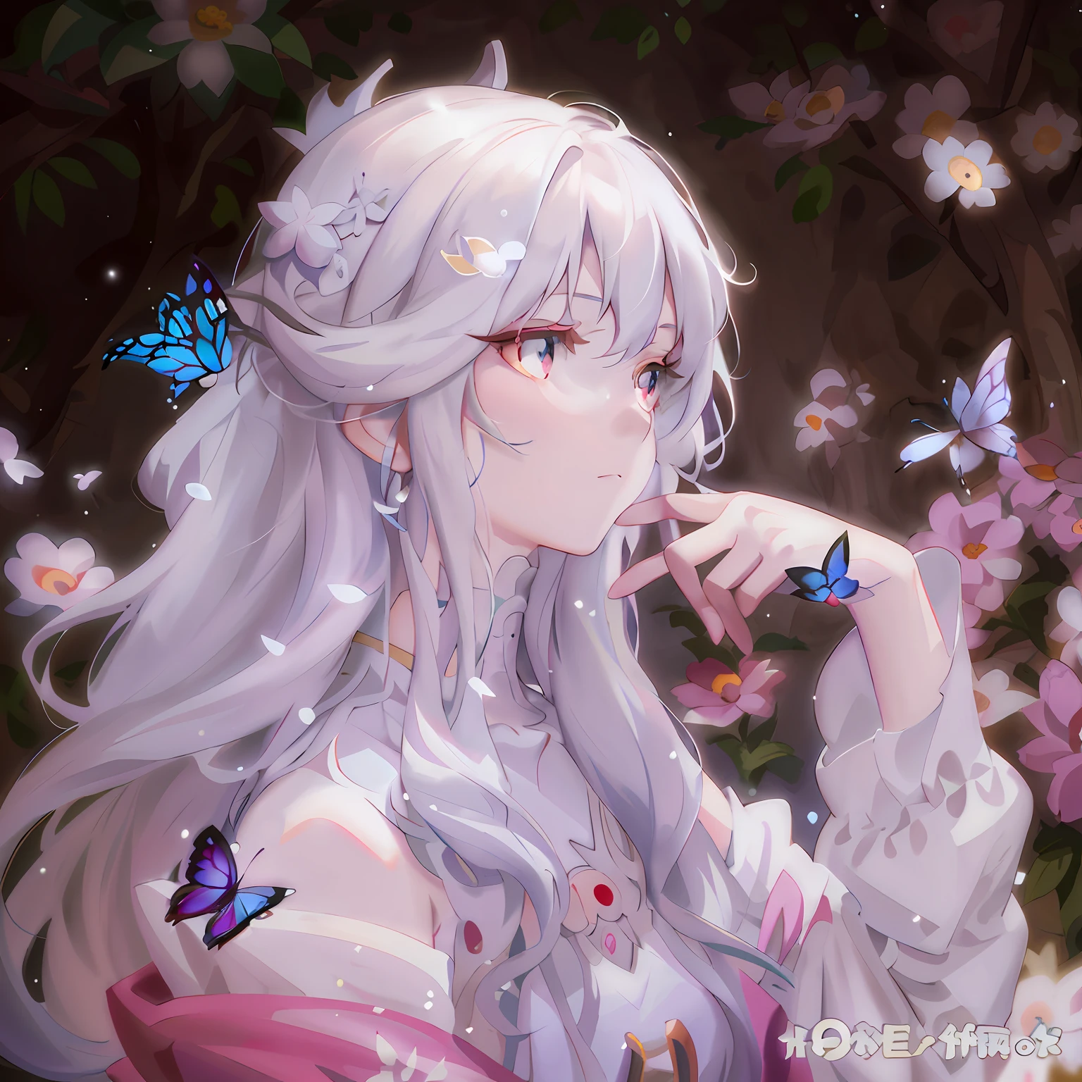 Anime girl with long white hair and butterflies in her hands, white-haired god, Guweiz in Pixiv ArtStation, a beautiful anime portrait, Guviz, Guviz-style artwork, Guweiz on ArtStation Pixiv, Detailed digital anime art, Beautiful anime artwork, Girl with white hair, white haired Cangcang, Beautiful anime art