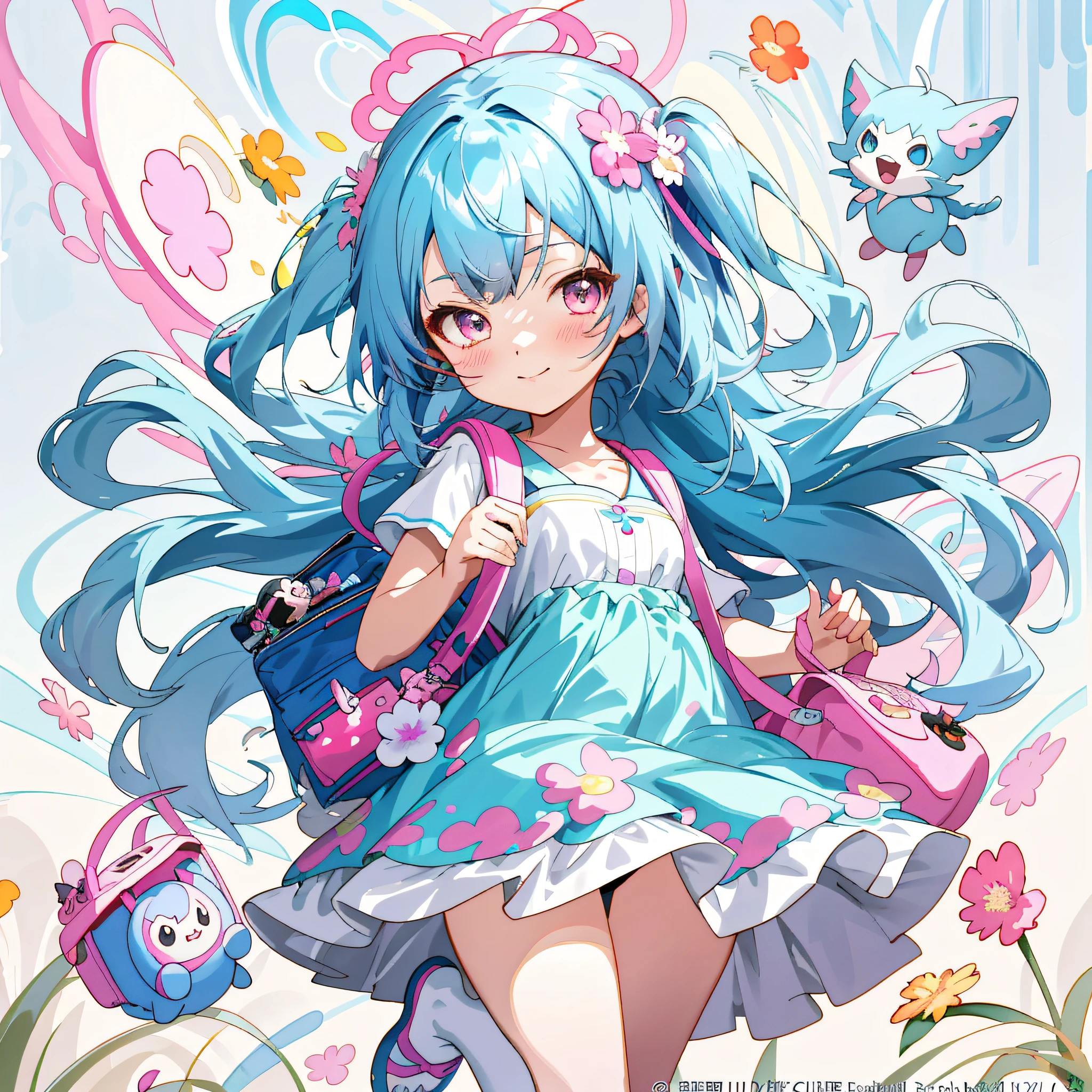 Anime girl with blue hair and pink backpack in a flower field, Splash art anime Loli, style of anime4 K, trending on artstation pixiv, Digital art on Pixiv, Anime art wallpaper 8 K, cute anime waifu in a nice dress, Guweiz in Pixiv ArtStation, Best Rated on pixiv, Anime art wallpaper 4 K