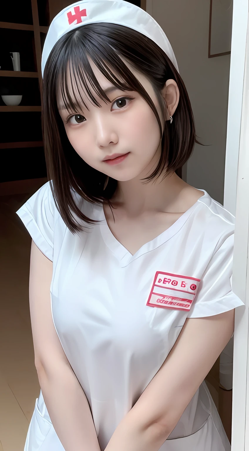 奈良美智, girl cute-fine-face, With short hair, chiho, 2 7 years old, Japanese Models, sakimichan, young cute wan asian face, deayami kojima, cute - fine - face,short-hair、florals、outside of house、off shoulders、Nurse、Nurse、Sat、full body Esbian、Dressed in a white nurse uniform、Sat