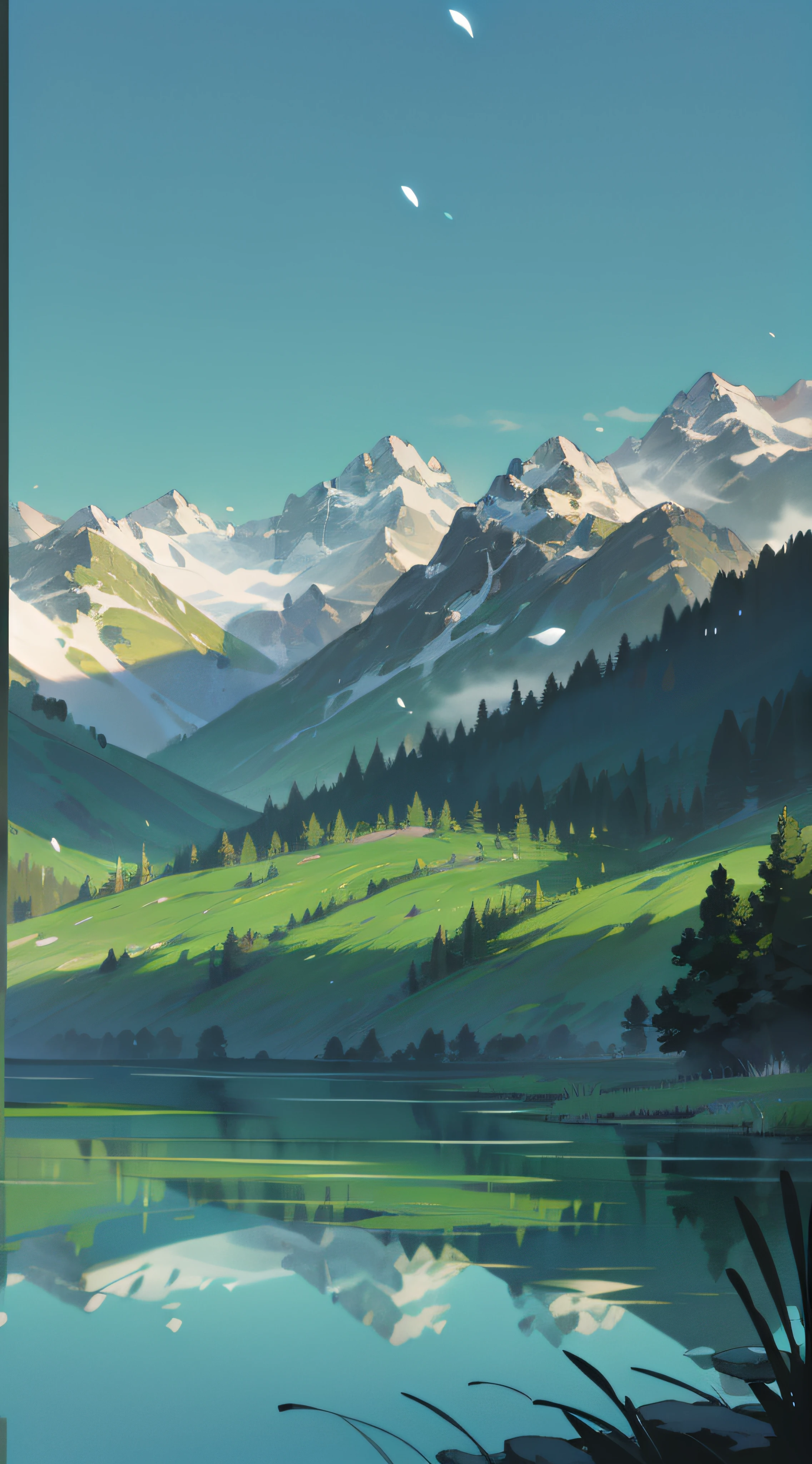 Towering snow-capped mountains, turquoise lake, (forest), flowers, trees, grass, bamboo, spring, sunny, strong sunlight, chiaroscuro, cliffs, panoramao, 8K, high quality