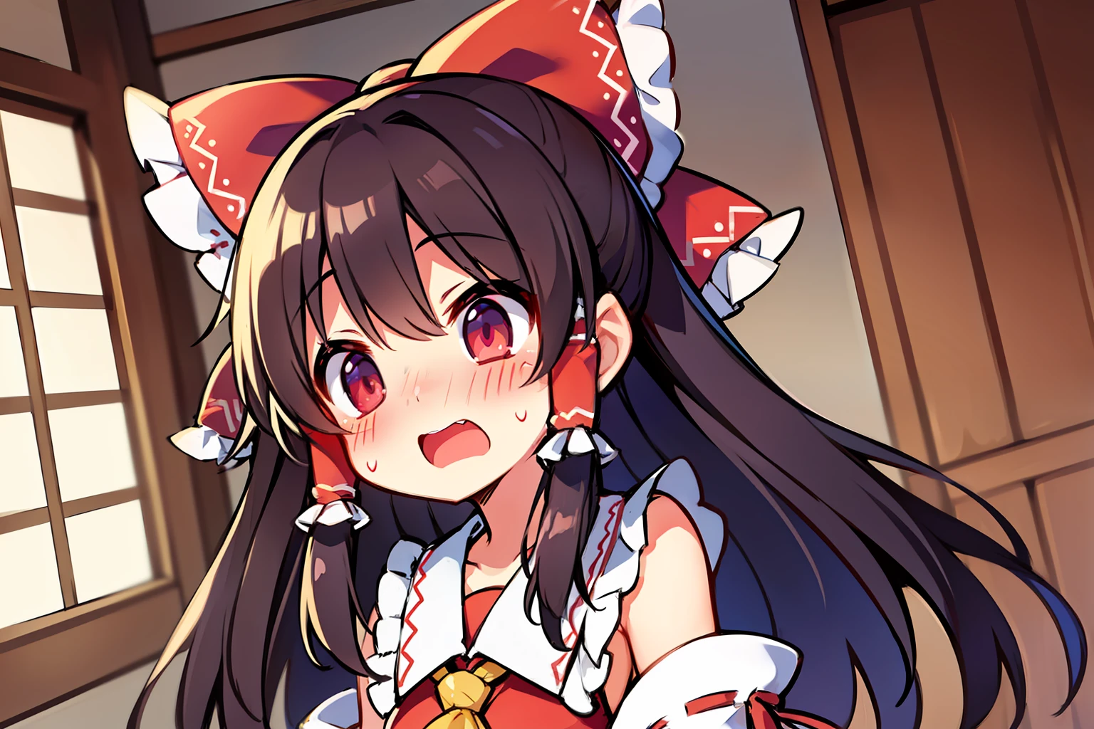 hakurei reimu, {petite}, {surprised},blushed face