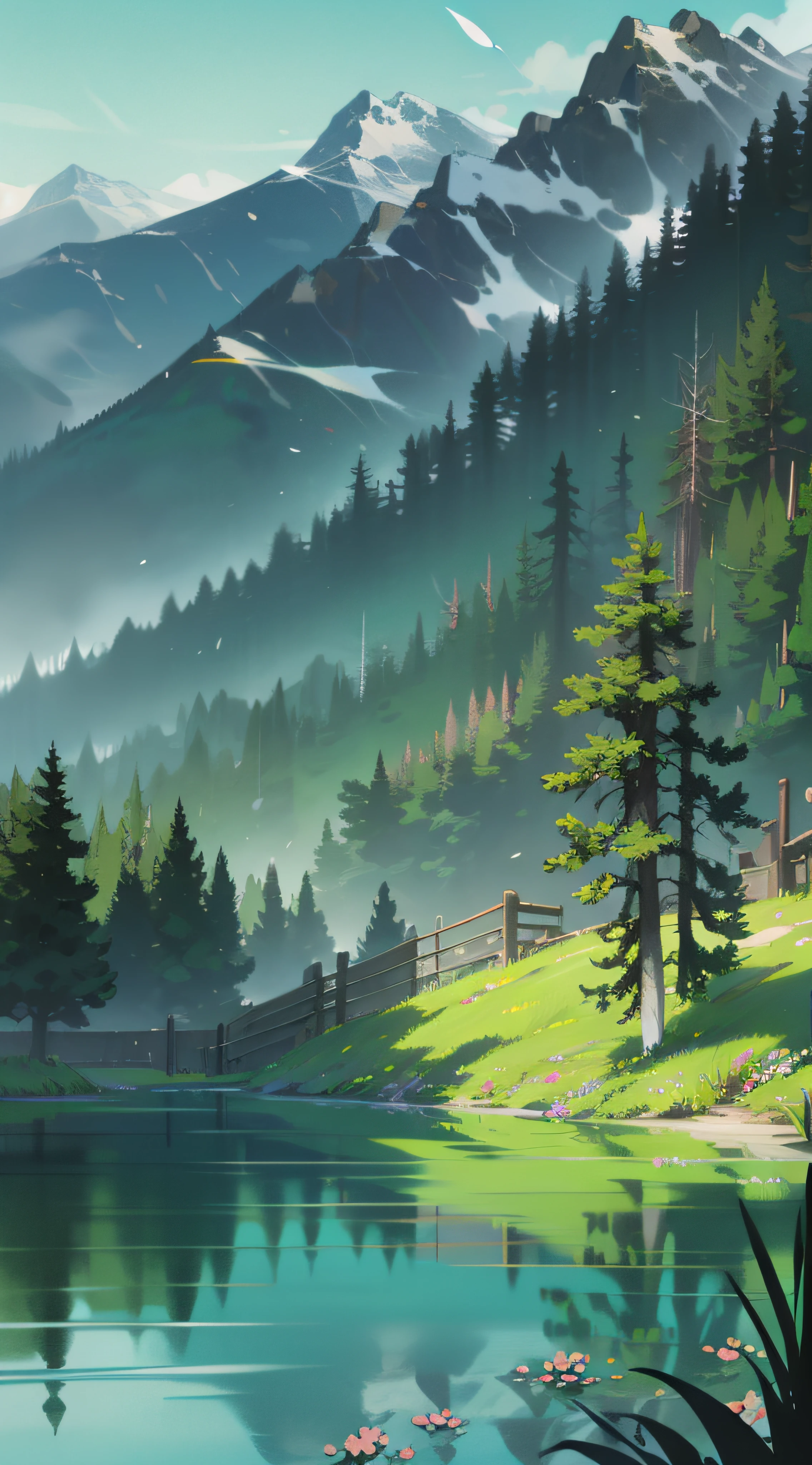 Towering snow-capped mountains, turquoise lake, (forest), flowers, trees, grass, bamboo, spring, sunny, strong sunlight, chiaroscuro, cliffs, panoramao, 8K, high quality
