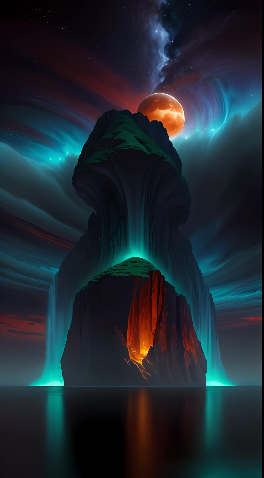 ((Top-notch quality)), ((Masterwork)), ((True-to-life)), surrealistic starry night, extraterrestrial planet, airborne setting, floating, vast water body, mesmerizing details, neon-lit hazy sky, dramatic glow, emerald and scarlet hues, Vincent Van Gogh's signature ultra-wide angle style, captivating sense of depth and scale, blurred background, dreamlike ambiance, true masterpiece, canvas oil painting technique, otherworldly scenery, feelings of contemplation and awe, high resolution, intricate details, eye level, picturesque, masterful piece of art