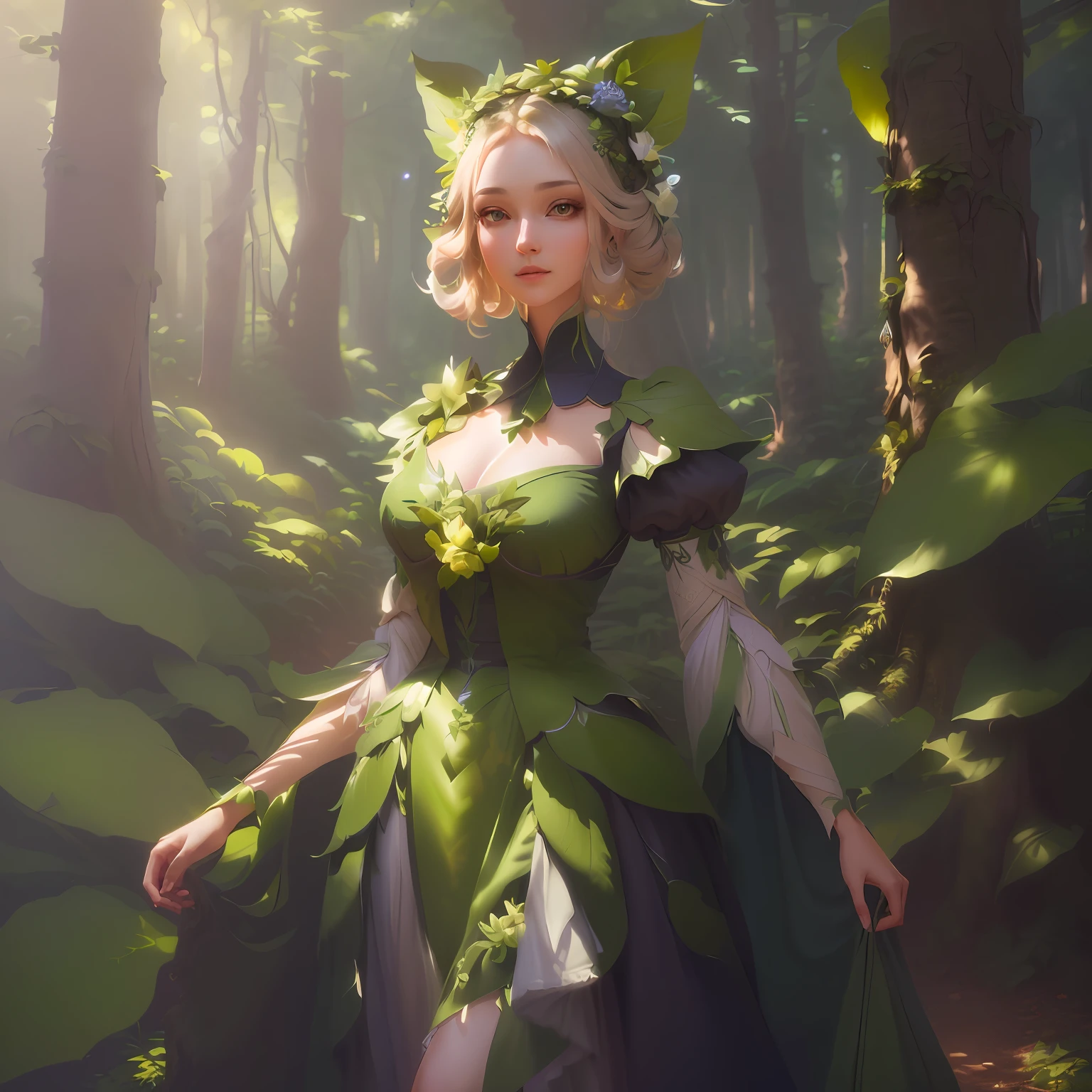 A plant anthropomorphic (female, pretty face) in the forest, noble dress, side light, (extremely detailed CG unified 8k wallpaper), highly detailed, masterpiece,Depth of field, GIF, (HDR)(wallpaper) (Film lighting)(Sharp focus), (extremely detailed CG unity 8k wallpaper), (best quality)