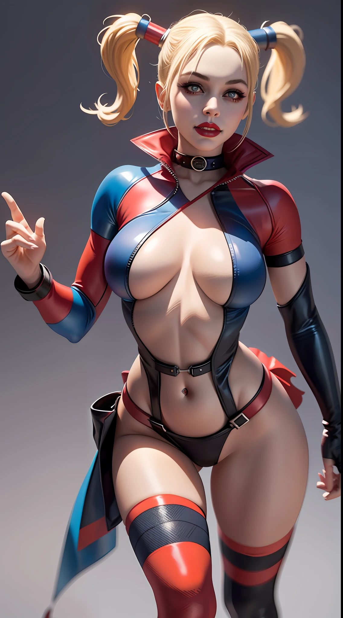 Harley Quinn from DC, big breasts, frontal, full-length, looking at the camera, facing the audience, standing pose, simple background, three-dimensional light, detailed full-body concept, sleek digital concept art, beautiful full-body concept art, art trend, CGsociety full-length,