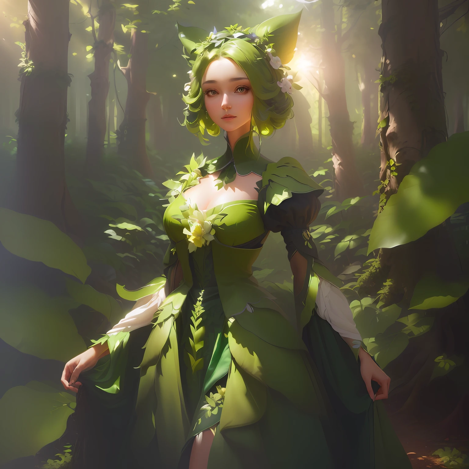A plant anthropomorphic (female, pretty face) in the forest, noble dress, side light, (extremely detailed CG unified 8k wallpaper), highly detailed, masterpiece,Depth of field, GIF, (HDR)(wallpaper) (Film lighting)(Sharp focus), (extremely detailed CG unity 8k wallpaper), (best quality)