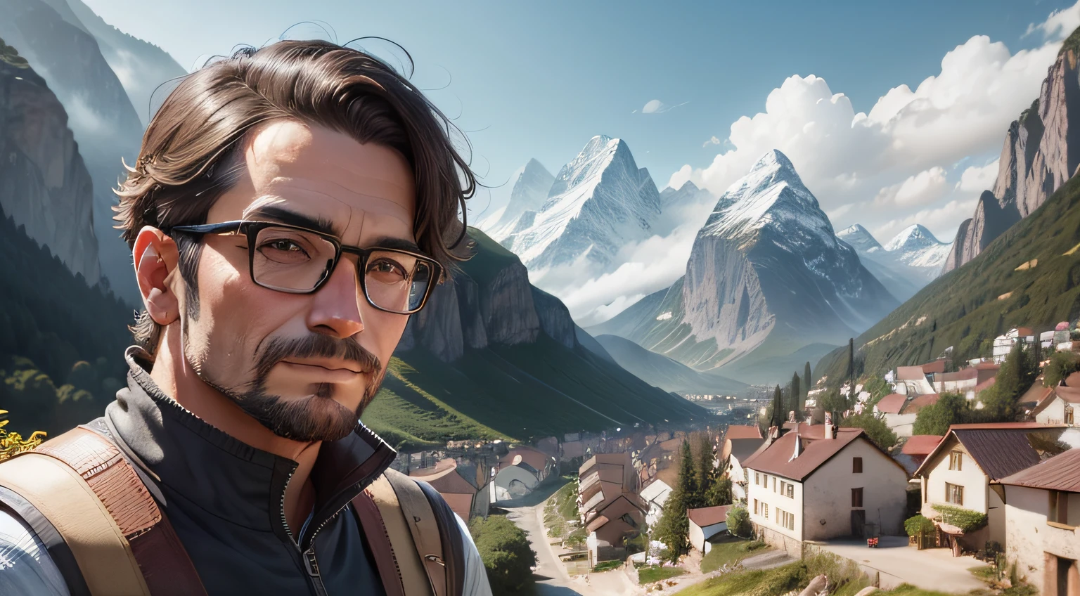 A village in a mountainous area with a mountain in the background and a man with glasses near the camera, close-up, without a hat, contato visual