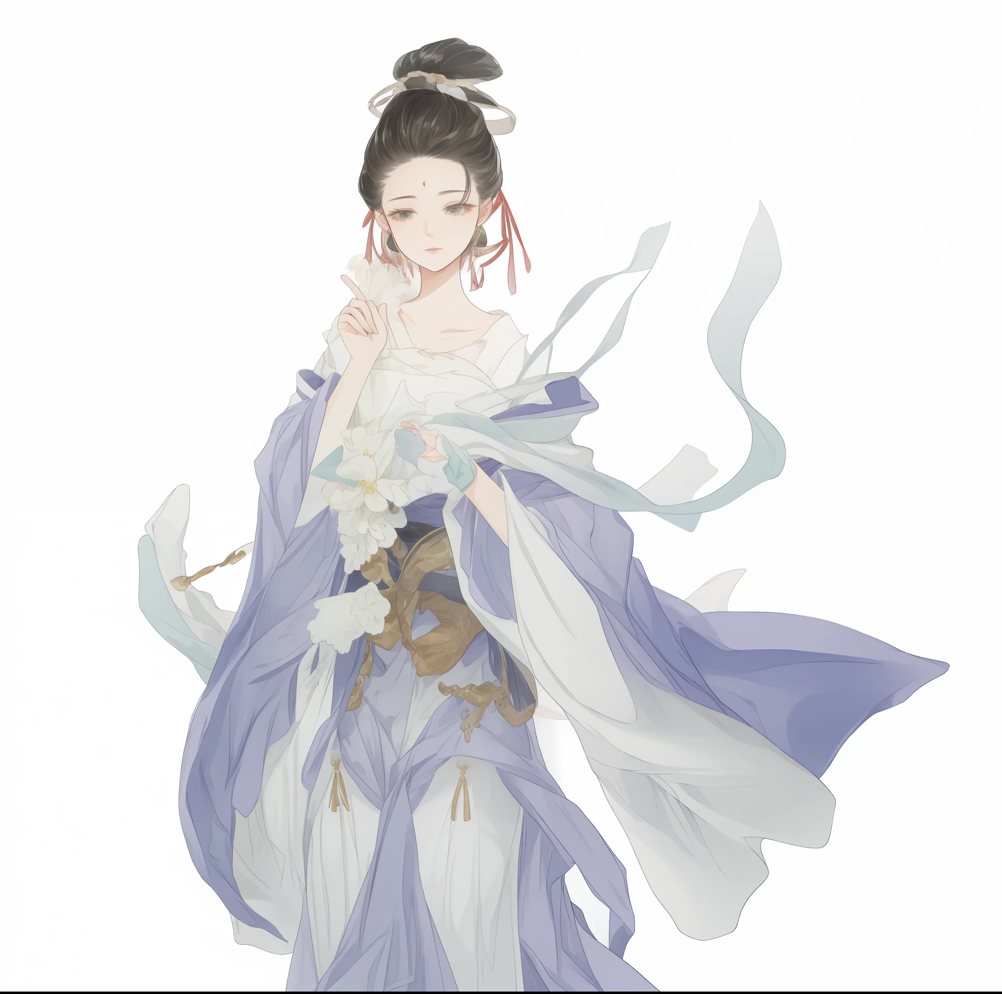 A fairy goddess，oriental mythology，delicate accessories，Bustling headdresses，Cool temperament，Gauze skirt，A flowing tulle dress，Fluttering ribbons，Set against the backdrop of a gorgeous oriental palace