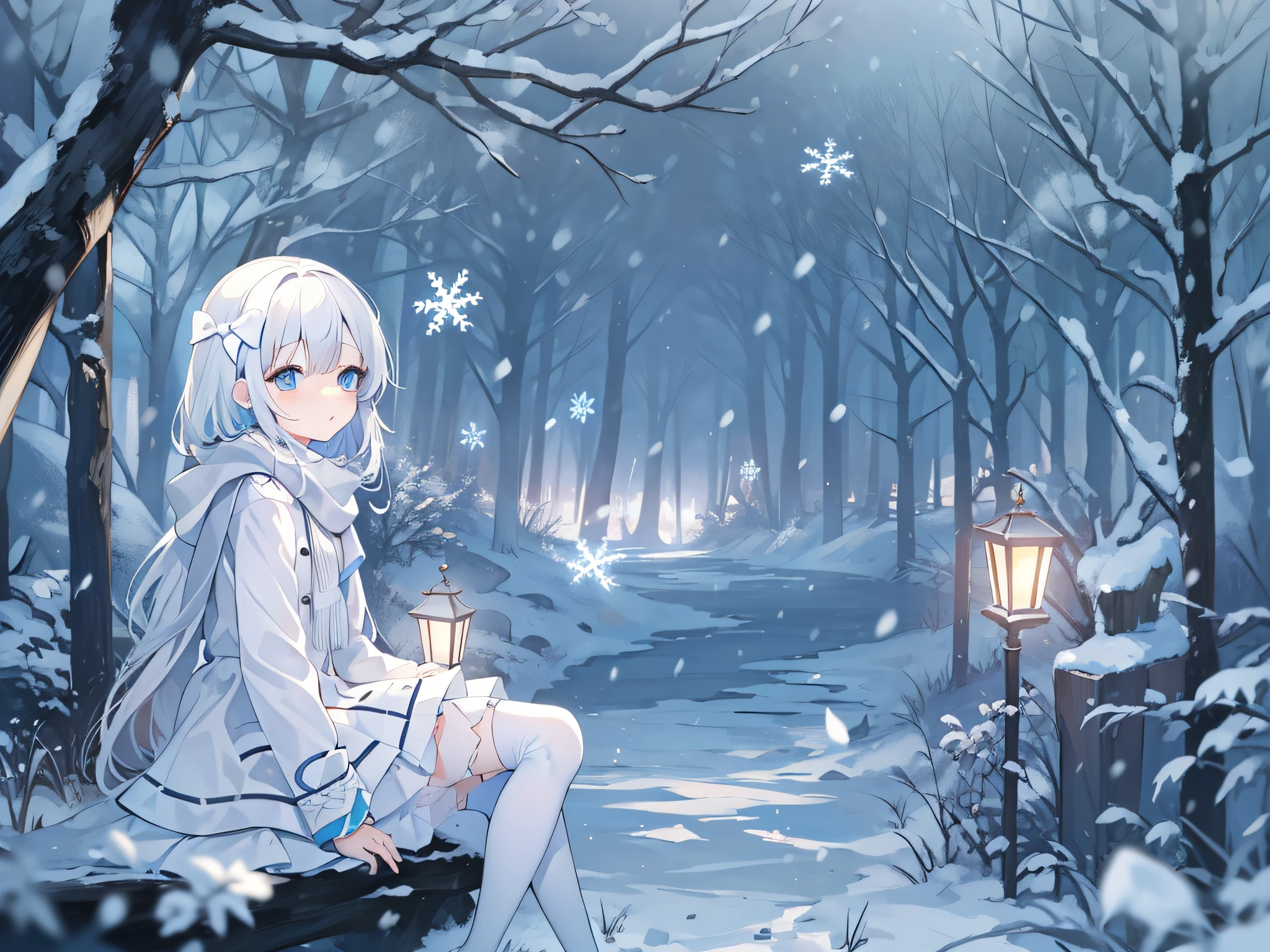 Light blue eyes，Princess cut，whaite hair，White thigh boots，White Gothololita，White over-the-knee stockings，white bows，Full body like，sweeping bangs，Semi-closed Eyes，Long white scarf，ln the forest，the night，at winter season，little girl
Wait for it to start