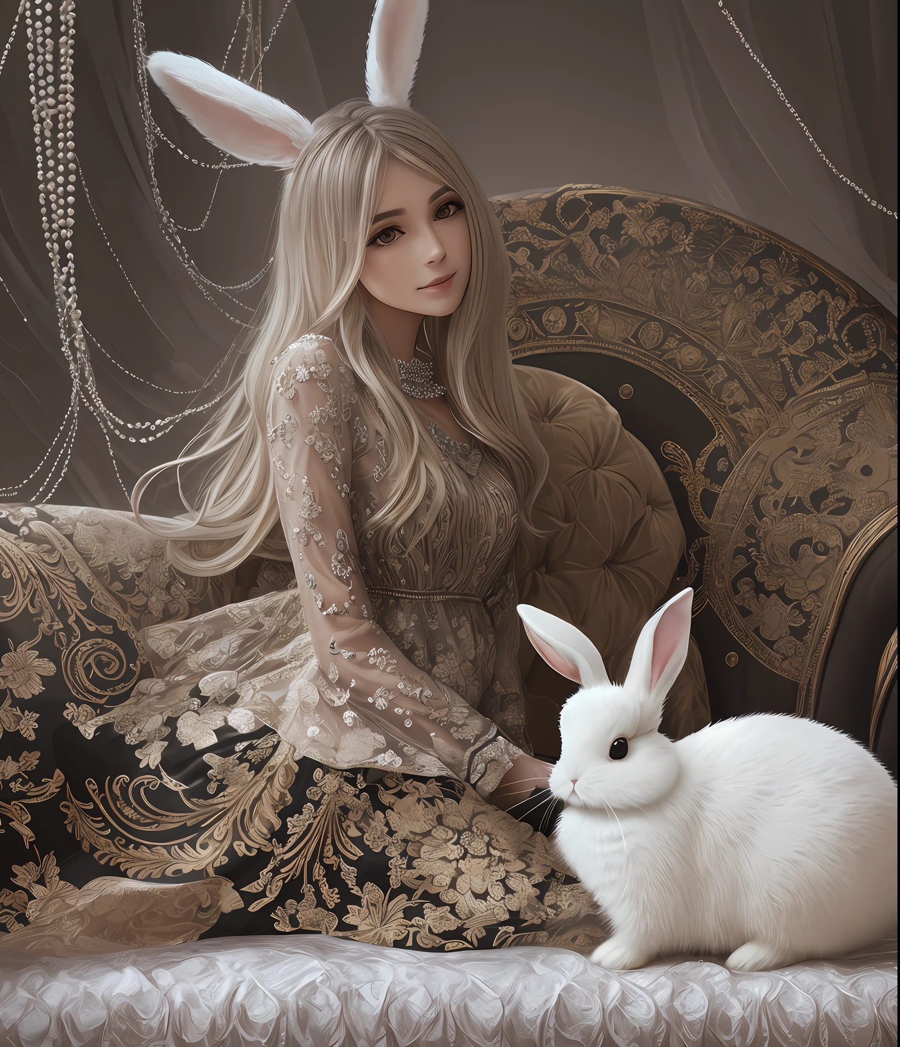 Woman Sitting on a Sofa Made with Pearls and Diamonds with his Cute White Rabbit, Tiny Light coming from Background, Black 3D BGUnreal, Ultra Realistic, ultra detailed --auto --s2