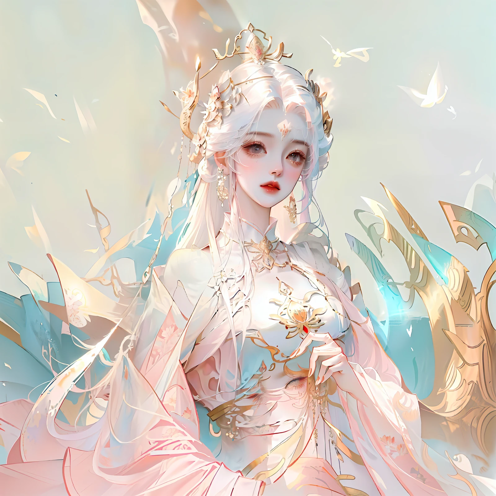 oriental girl，Works of masters，It is engaging and beautifully composed，Her figure is curvy，Enough to be a masterpiece。The painting is undoubtedly super detailed，Her figure is curvy，Best picture quality，Higher quality，high detal， 超高分辨率， 8K分辨率， depth of fields， cinematic photogtaphy， intricately details， carefully， meticuloso， glorious， max detail， extreme beautiful， （（（1girll， 独奏）））， A picture， tmasterpiece， （Best picture quality）， Higher quality， high detal， 超高分辨率， in a panoramic view， Exquisite facial features， s the perfect face，Detailed digital anime art，Anime girl in pink dress，White hair and golden crown, a beautiful fantasy empress, ((a beautiful fantasy empress)), Palace ， A girl in Hanfu, drak, Inspired by Lan Ying, White-haired god, Inspired by Qiu Ying, Princesa chinesa antiga, Inspired by Huang Ji, Goddess. Extremely high detail,