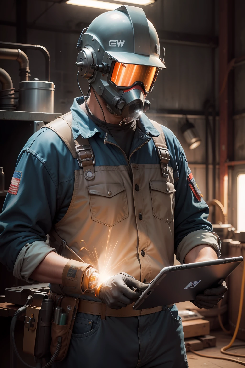 a welder man with a modern tablet on his hand