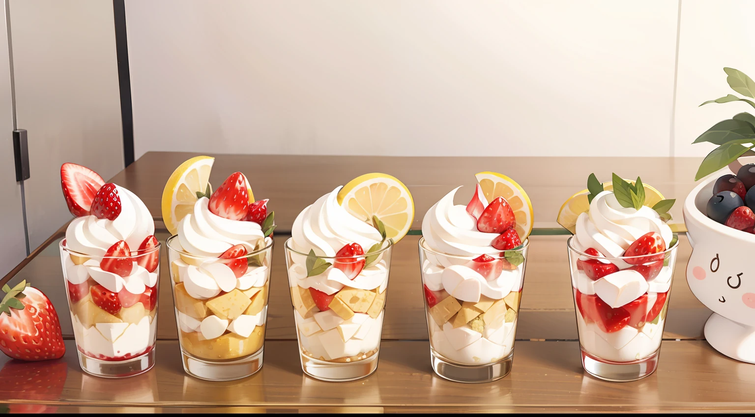 parfait、Mini、Chibi、Inside the parfait、Parfait grass、Strawberry Parfait、white  hair、Twin-tailed、yellow  eyes、cute little、