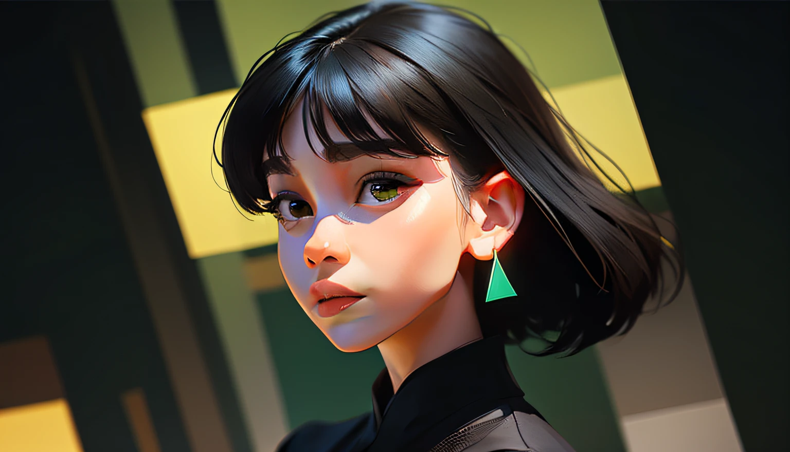 A very beautiful Chinese modern girl，Black straight hair，flat bangs，Green earrings，greene eyes，Light smile，Reflection)+looking at viewert，closeup of face，sportrait，The upper body of the character，Depth of field，Bokeh，(Dark green background+abstract Memphis，flatillustration，vector illustrations。geometric shapes]+[Ultra-high quality - AR 3:4- s 400 -niii 5]