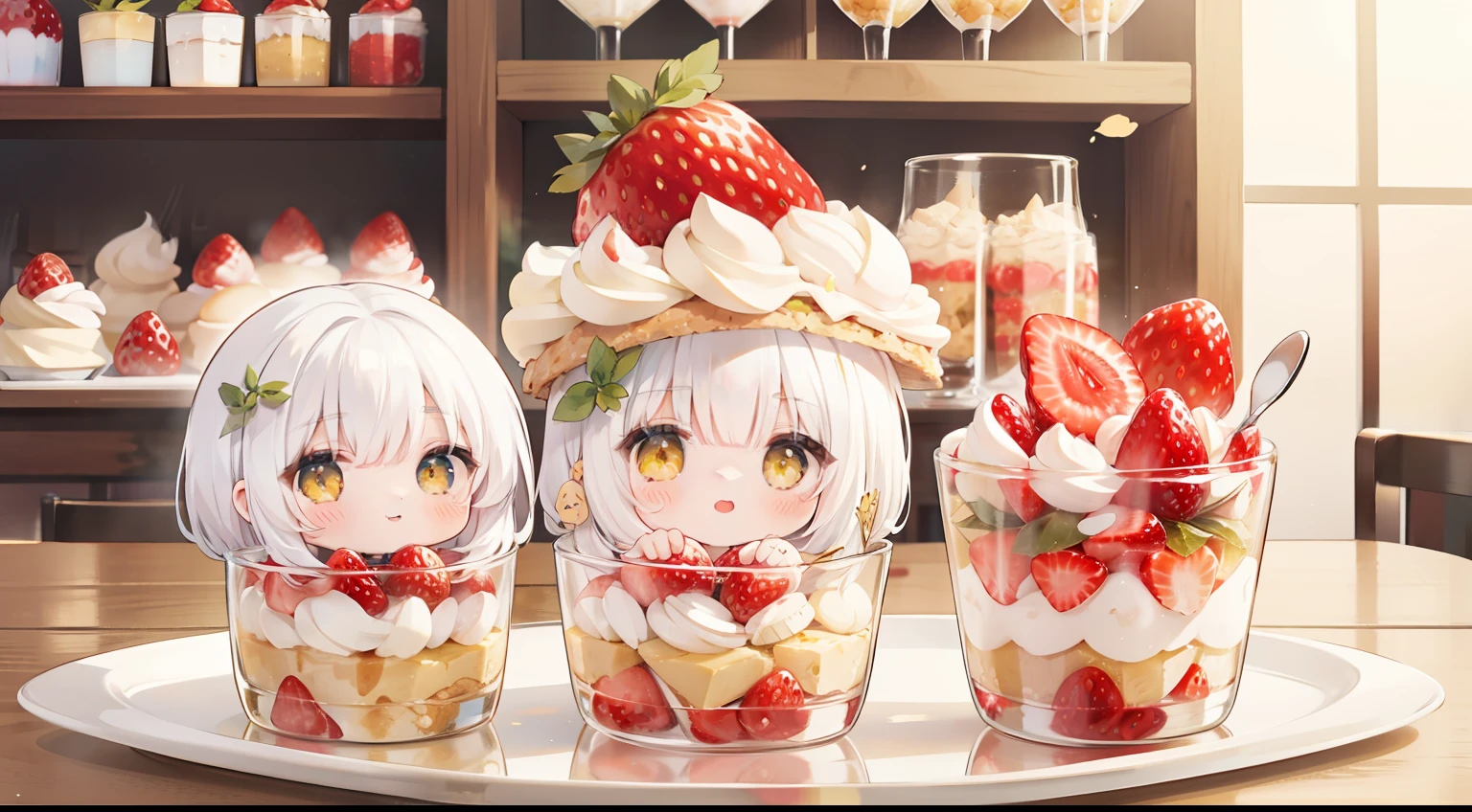 parfait、Mini、Chibi、Inside the parfait、Parfait grass、Strawberry Parfait、white hair、Twin-tailed、yellow eyes、cute little、