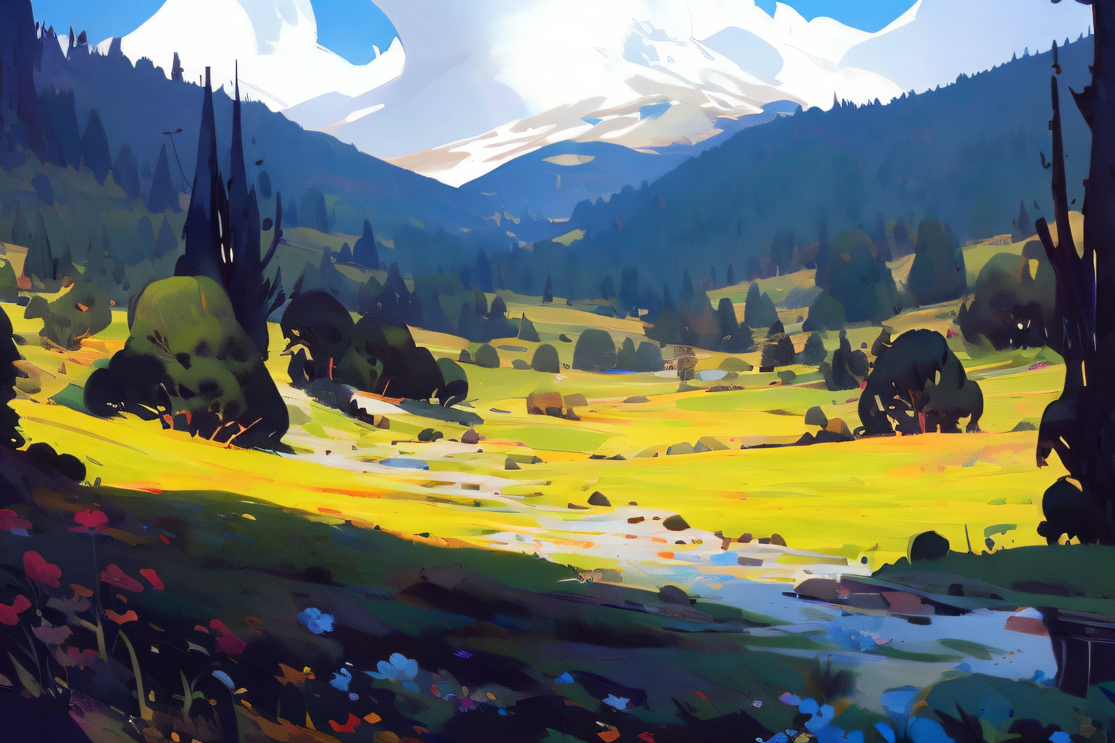 (NIJIFTB),
a painting of a couple of horses in a field with mountains in the background and a stream running through the grass and flowers in the foreground