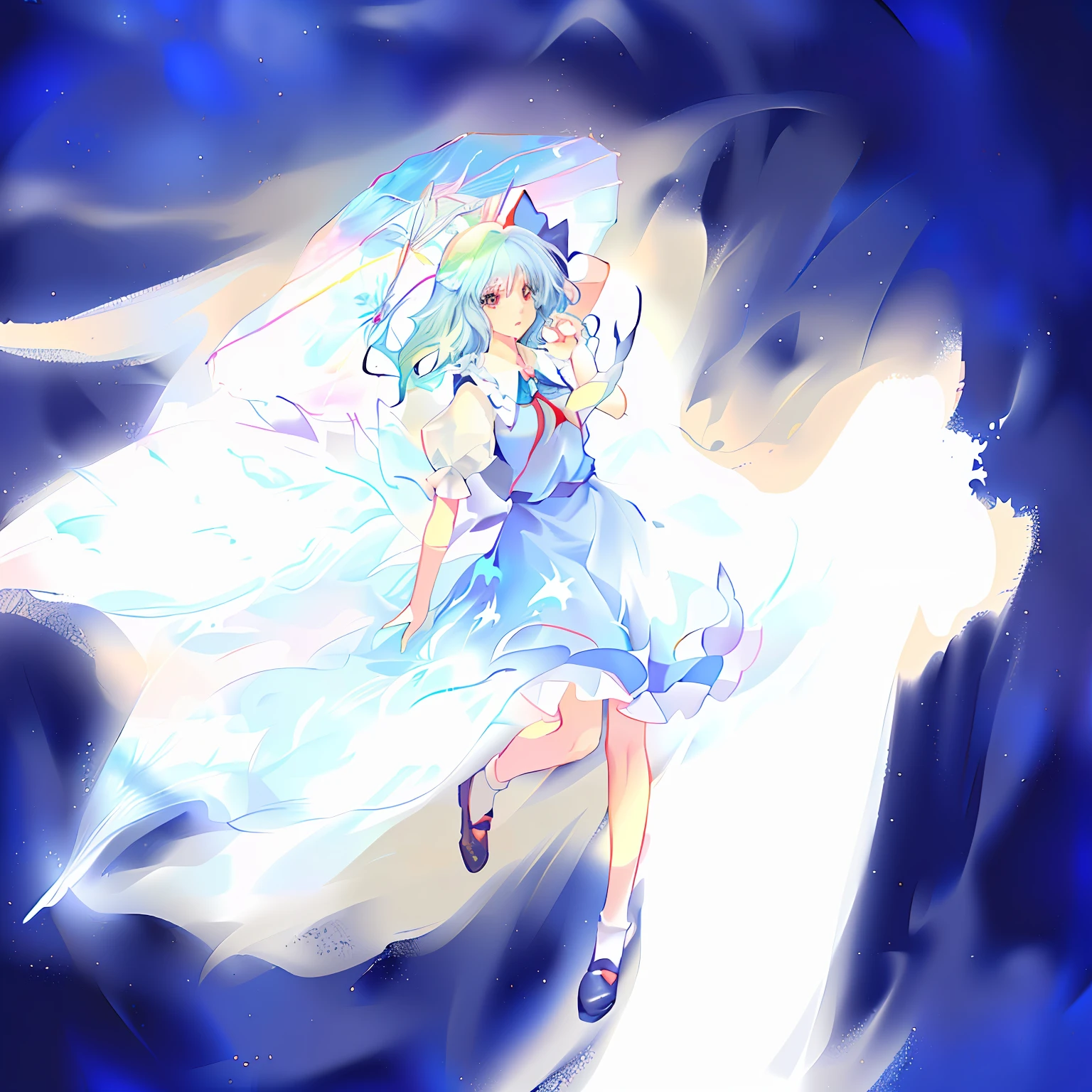 Anime girl in blue dress holding umbrella in the air, cirno touhou, cirno from touhou, from touhou, cirno, touhou character, an anime portrait of cirno, astral fairy, ethereal anime, Touhou, touhou project, zerochan art, sky witch, celestial aura, 《Ghost Wind Special Assault Team》The art of pixels