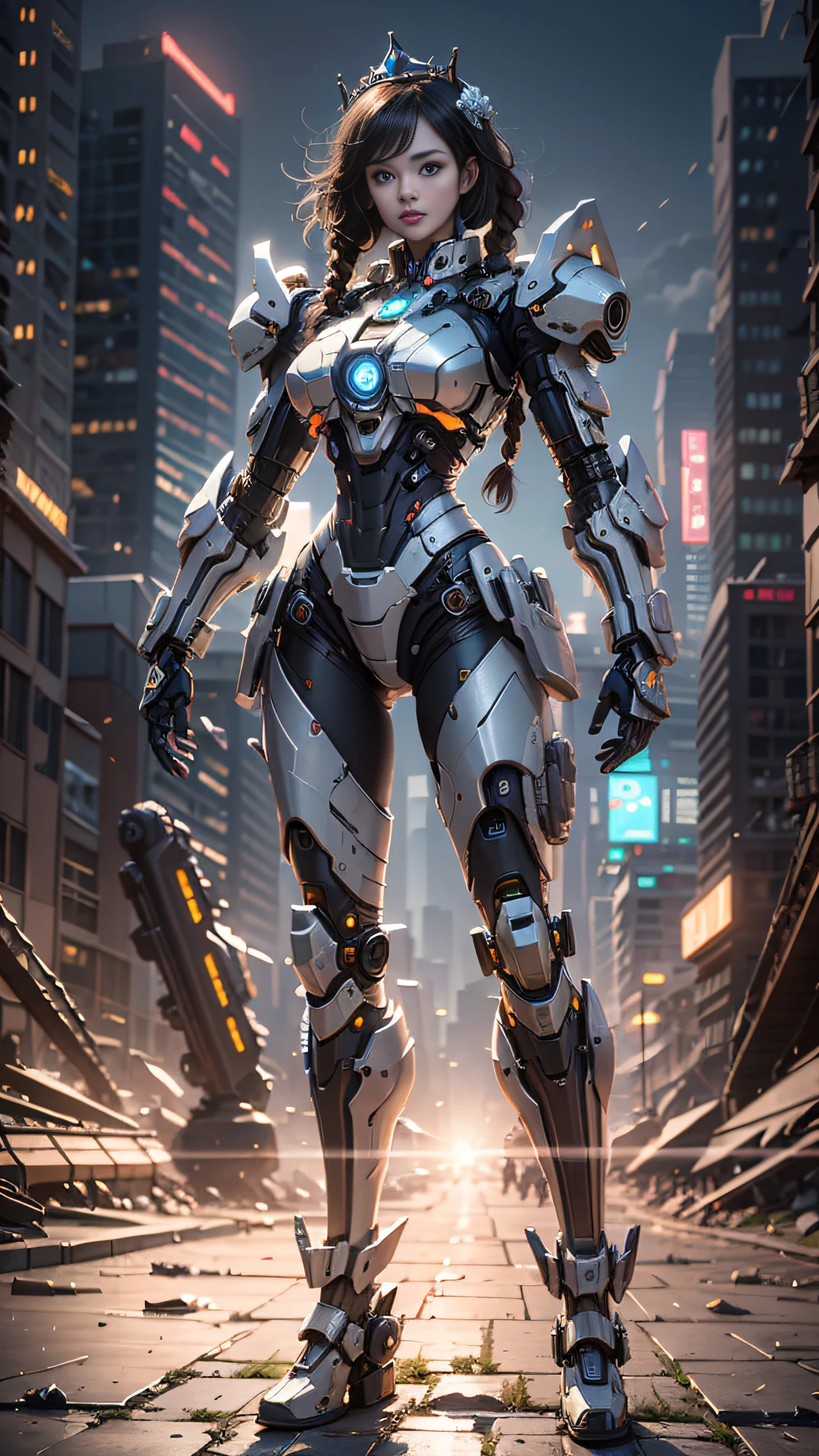 ((Best Quality)), ((Masterpiece)), (Very Detailed: 1.3), 3D, Icaru valkirie-mecha, Beautiful cyberpunk woman wearing crown, with master chef style armor, sci-fi technology, HDR (High Dynamic Range), ray tracing, nvidia RTX, super resolution, unreal 5, subsurface scattering, PBR texture, post-processing, anisotropic filtering, depth of field, maximum sharpness and sharpness, multi-layer texture, Specular and albedo mapping, surface shading, accurate simulation of light-material interactions, perfect proportions, octane rendering, duotone lighting, low ISO, white balance, rule of thirds, wide aperture, 8K RAW, high efficiency subpixels, subpixel convolution, light particles, light scattering, Tyndall effect, very sexy, full body, battle pose, black hair with braids,