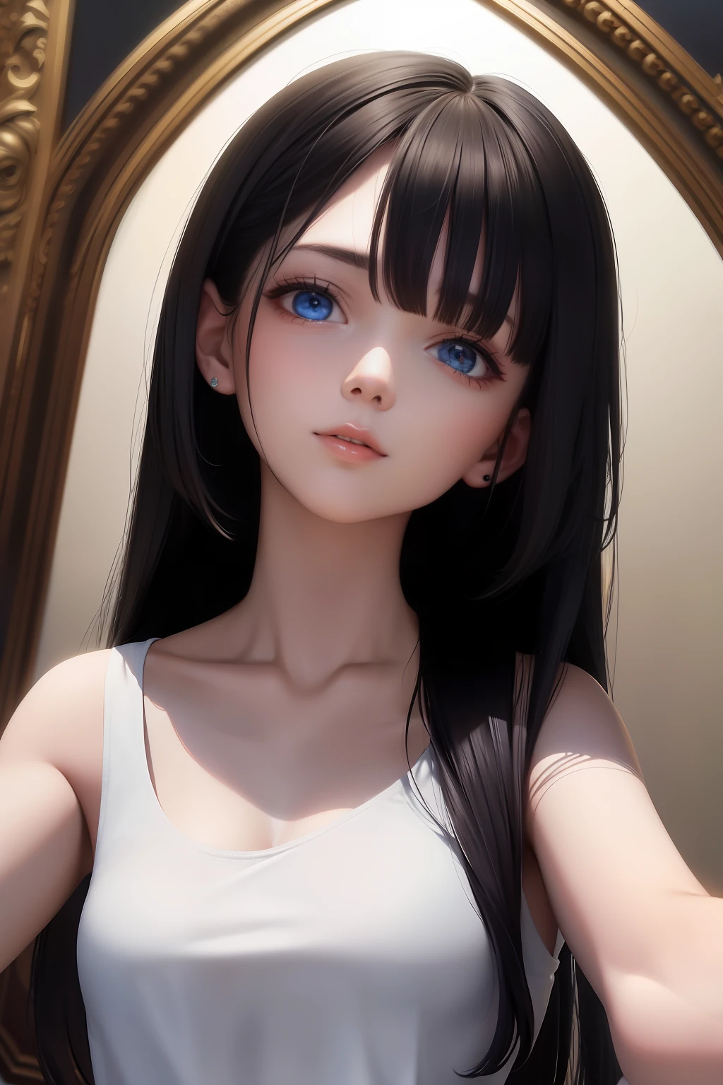 best quality, masterpiece, black hair, blue eyes, looking up, upper body