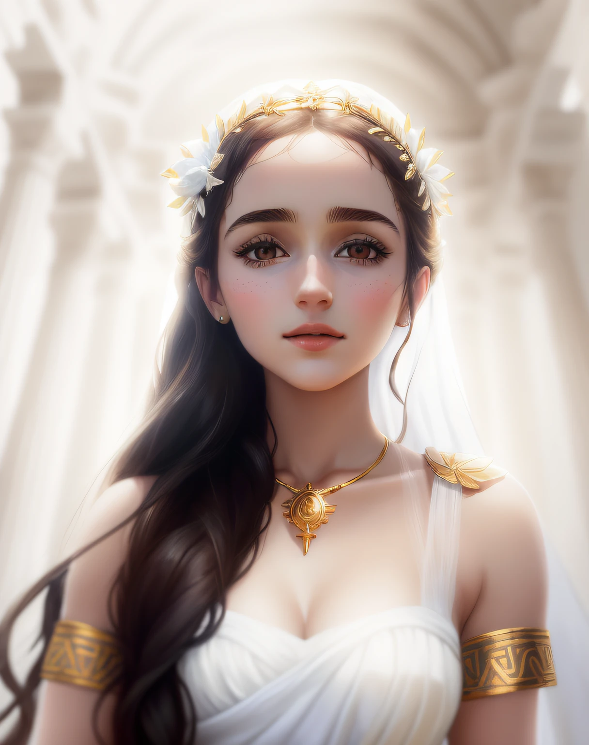 Arafed woman in white dress with gold brooch on her shoulder, A brooch around the neck holds a dress, Goddess Hestia, Greek Mythical Digital Painting, Emma Watson as Greek goddess, Emilia Clarke is a Greek goddess, portrait of age aphrodite, The Young Goddess