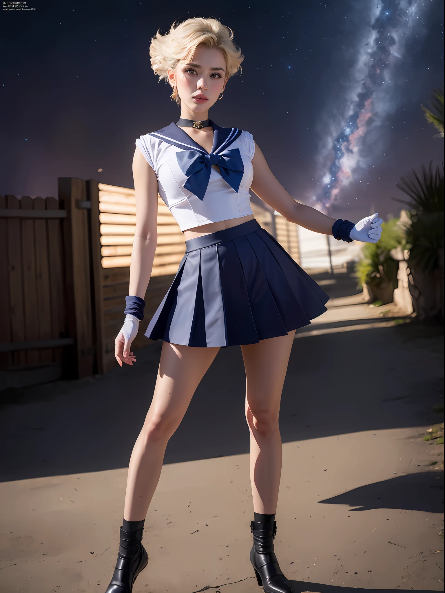 (masterpiece, best quality:1.4), (nebula background), (full body:1.5), (standing), (dinamic pose:1.2), (1girl), solo, (european youth:1), sailor uranus, mature woman, medium breasts, aqua eyes, blonde hair, short hair, (sailor senshi uniform), sailor collar, chest bow, back bow, plead skirt, white elbow gloves, beautiful face, highly detailed face, highly detailed eyes, highly detailed skin, skin pores, subsurface scattering, realistic pupils, full face blush, full lips, detailed background, depth of field, volumetric lighting, sharp focus, absurdres, realistic proportions, good anatomy, (realistic, hyperrealistic:1.4), 16k hdr,