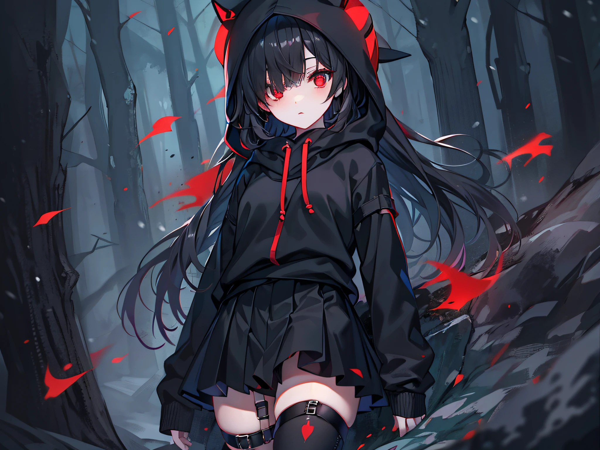 red color eyes, Black color hair, Black platform boots, short detailed hair, black thigh socks, hair on one eye, black hoodie, Black thigh strap, black sash,nigth,black short skirt,ln the forest,at winter season,waiting to start