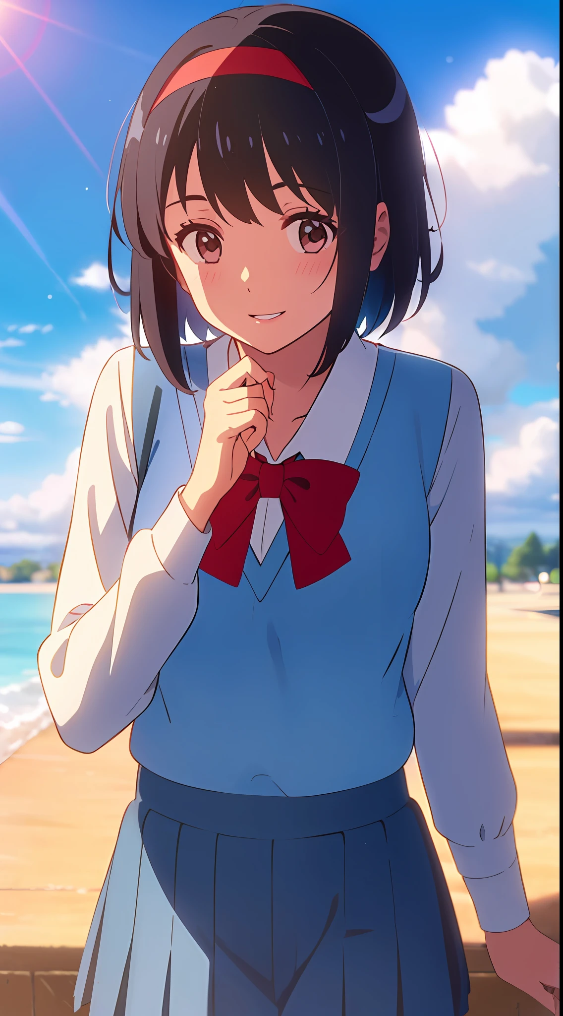 shinkai makoto, kimi no na wa., 1girl, bangs, black hair, blue sky, blush, brown eyes, cloudy_sky, sailor collar, blue sailor collar, sailor color, white sailor color, serafuku, looking at the viewer, bow, red bow, headband, red headband, ribbon, red ribbon, school uniform, short hair, smile, cute, solo, shirt, blue skirt, Pleated Skirt, cardigans, yellow cardigan, long sleeves, smile, happy, open mouth, lens_flare, afternoon hangout