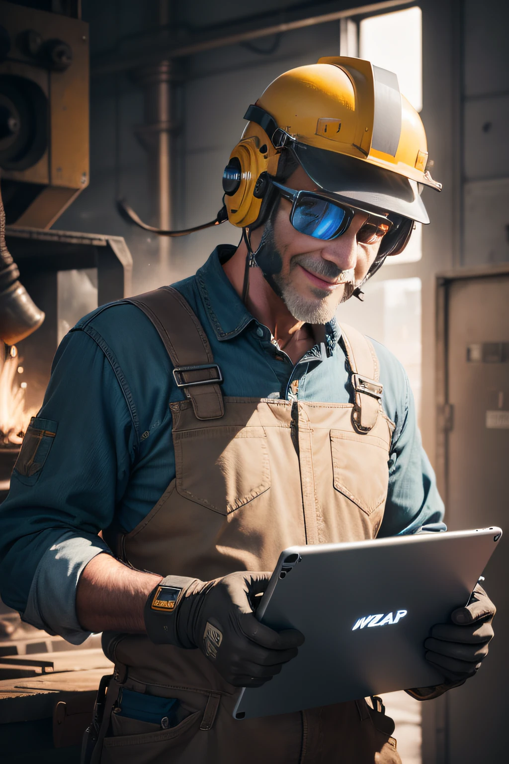 a smiler welder man with a modern tablet on his hand