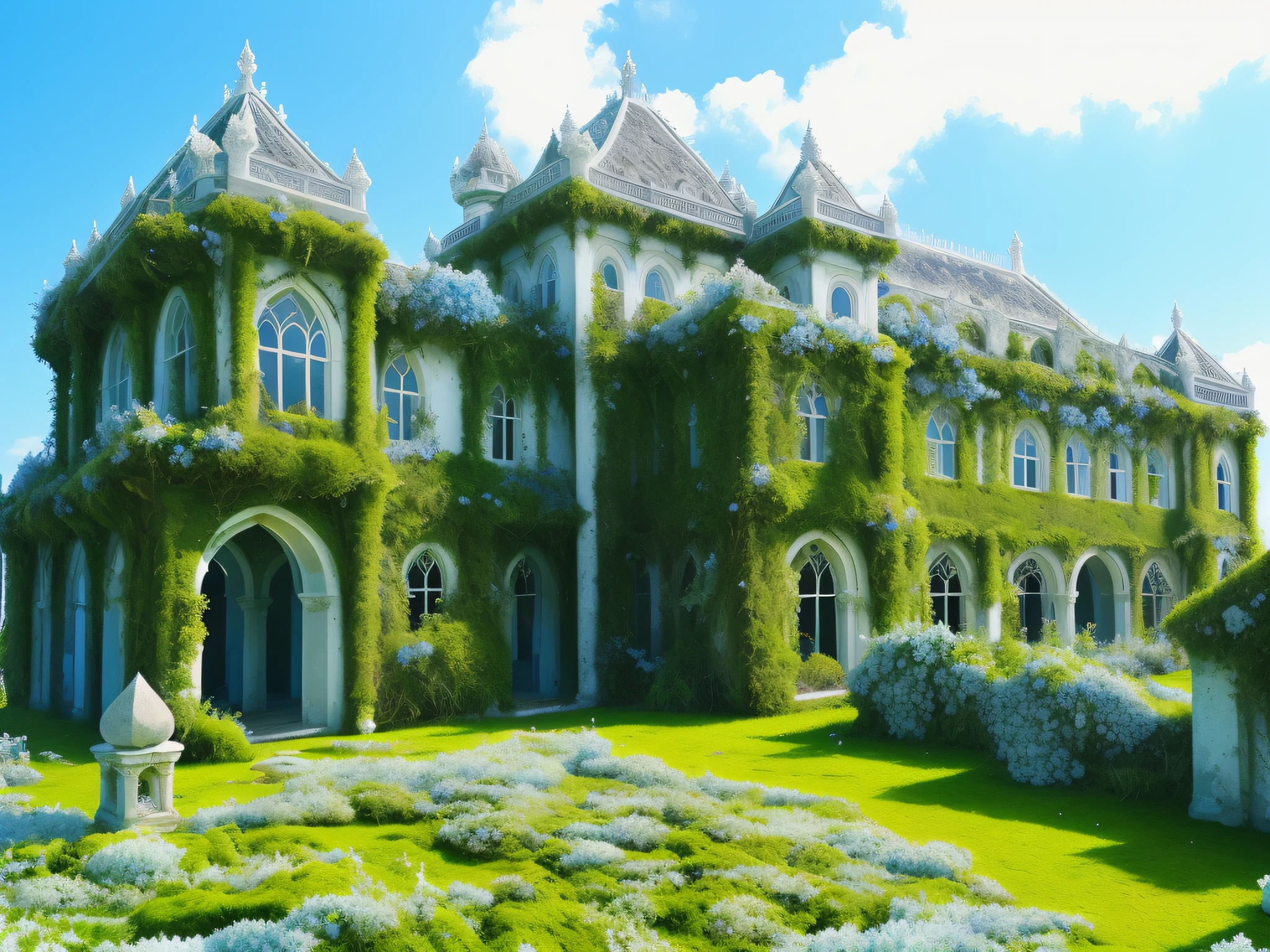 (pumice isle), (one old palace), under blue sky, (waves), (((All overgrown with azure moss and flowers))), beautiful ocean, (mossy and really old palace), abandoned, ((symmetrical white palace)), calm weather, dominant towers, (broken palace), sun shining on palace,, ultra high quality, focused on palace