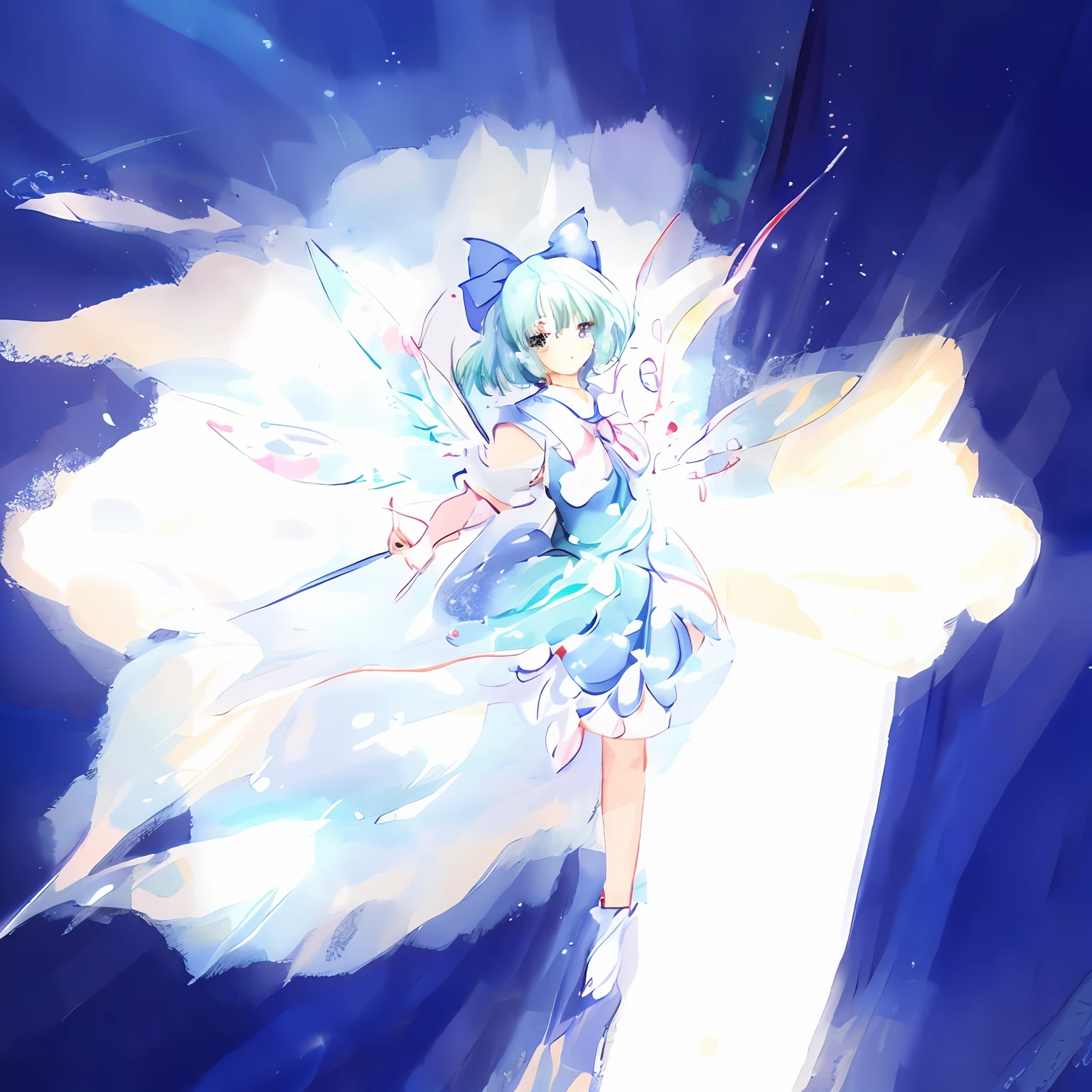 Anime girl in blue dress,Blue bow and wings, cirno touhou, cirno from touhou, from touhou, cirno, touhou character, Touhou, touhou project, an anime portrait of cirno, astral fairy, touhou project official artwork, sparkling magical girl, macross frontier, magical little girl, Digital art on Pixiv