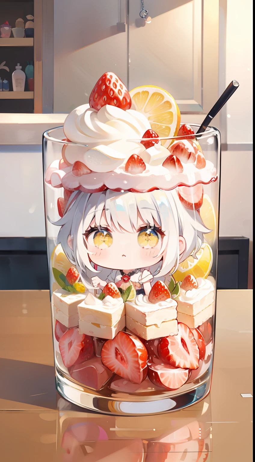 parfait、Mini、Chibi、Inside the parfait、Perfect grass、Strawberry Parfait、white hair、Twin-tailed、yellow eyes、cute little、