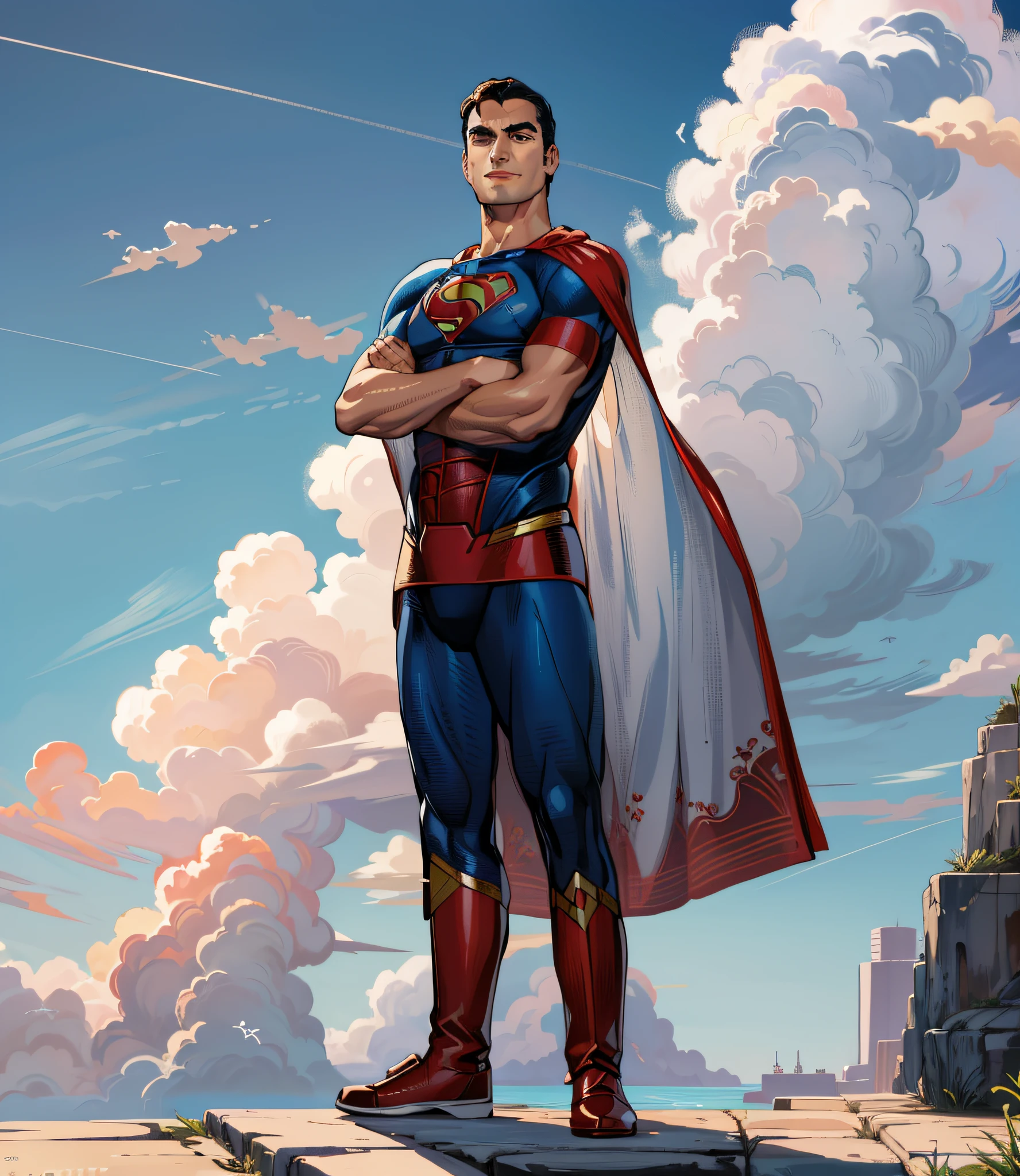 ((La mejor calidad)), ((Obra maestra)), (Detallado),(high resolusion:1.2), Superman (alta calidad, Better representation), poderoso, musculoso, Obra maestra de Superman, La mejor calidad, macho, Superhero, leotardo, Botas rojas, En pie, Botas a juego, cabello corto y oscuro, estilo comic