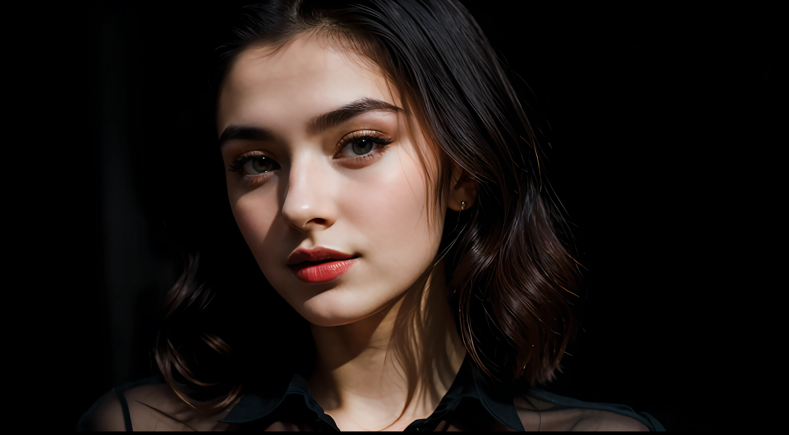 Portrait of 1 young 20yo woman, dancing, black hair, wearing wonderful shirt, perfect eyebrow, perfect lips, perfect nose, professional color graded, wonderful woman, dark background, cute russian woman
