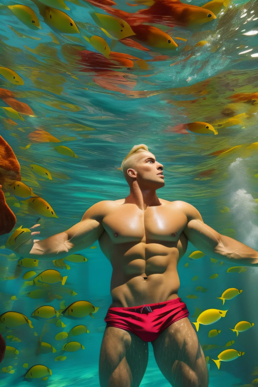 A fit handsome naked and muscular man, bodybuilder physique, with short blonde hair, red swim speedos, a diver  swimming in a vibrant underwater setting, full body image, seen from below