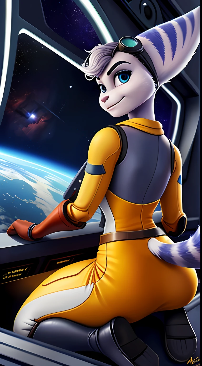 von Personalami, ((Rivet from ratchet and clank)), ((Rivet)), ratchet and clank, weiblich, (detailliert), cybernatic right arm, (cybernatic arm), robot arm, fotorealistisch, ((klare strukturelle Details)), detaillierter Realismus, (((detailed eyes))), schlank, 4K, excellent quality, hohe Details, (seductive), Zenematische Beleuchtung, ((Schwanz richtige Position)), in a space station, wears a space suit, space suit