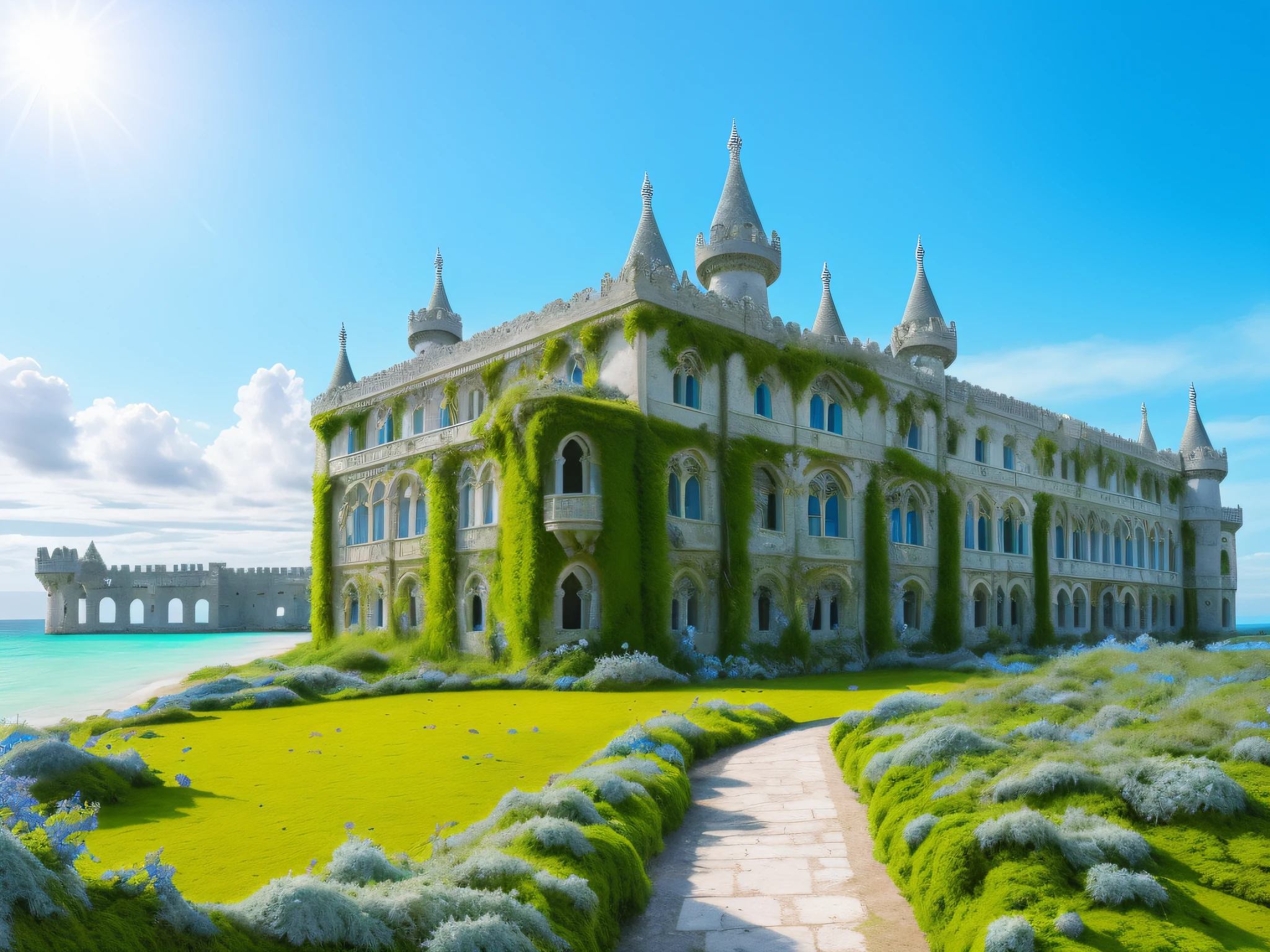 (pumice isle), (one old dirty palace), under blue sky, (waves), (((All overgrown with azure moss and flowers))), beautiful ocean, (mossy and really old palace), abandoned, ((symmetrical  white palace)), calm weather, dominant towers, (broken palace), ultra detailed background, sun shining on palace,, ultra high quality, focused on palace