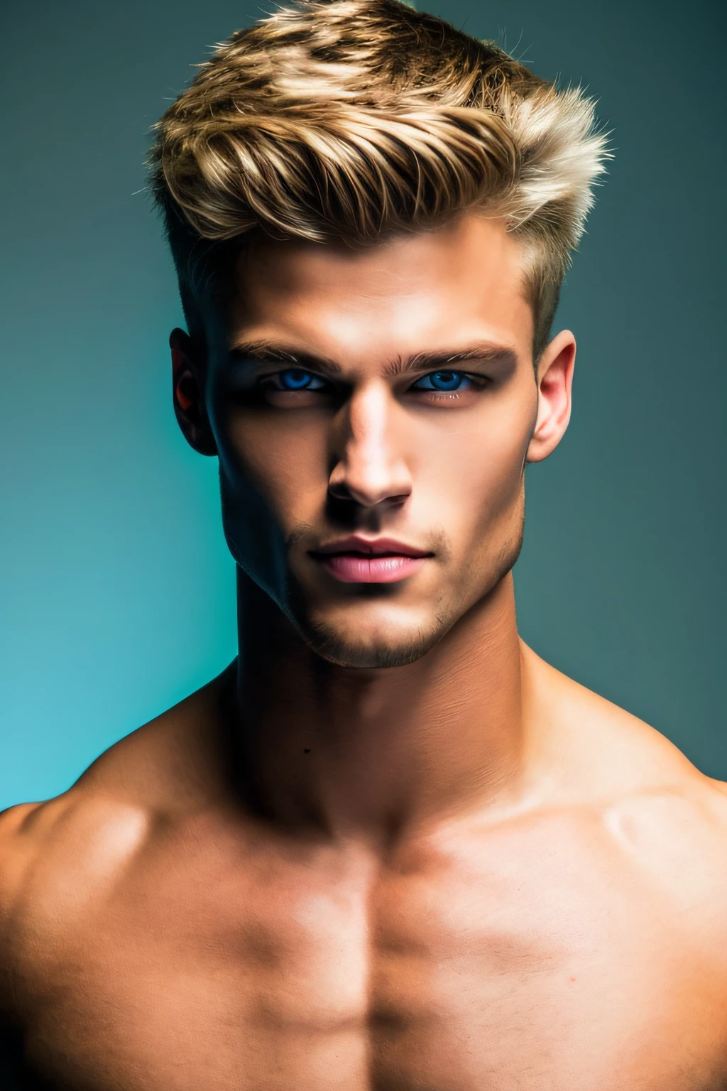 8k resolution, 25 years old model, European German male, blue eyes, hair and blond hair. HD 4K face detail handsome handsome man with short blonde hair and piercing blue eyes. he was tall and muscular, with broad shoulders and a strong, athletic build. He had a quiet confidence about him and a calm, assured demeanor that made him look like he could handle any situation. scenario takes place in a hyper-detailed palace. photorealistic. high quality.8k, Blue and Aruba Roman warrior costume (Green blue), Hiperdetallado, ultra sharp, 8k, (incredibly detailed : 1.5), Full body photography by IRO, 20 megapixels, Canon E OS R3, Fully detailed, Demigod Greek